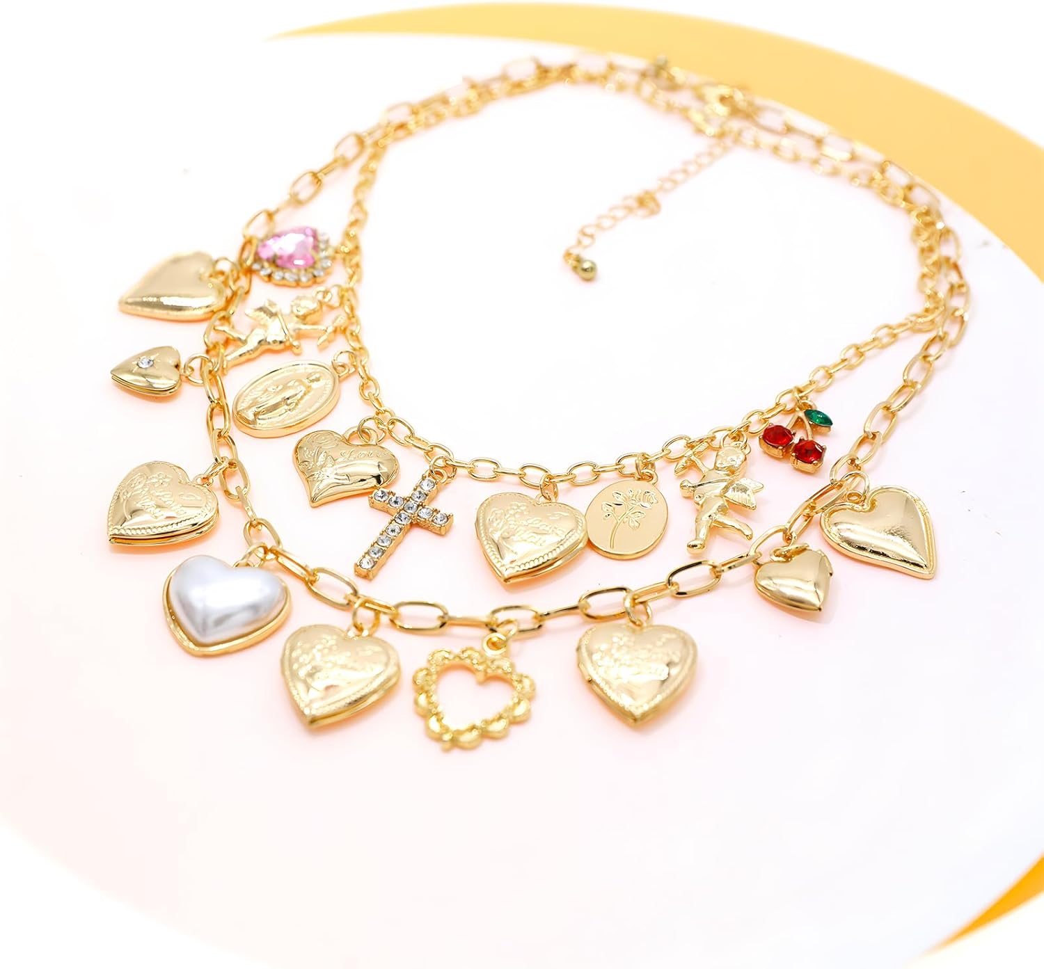 JNF Chunky Layer Heart Charm Necklace for Women Boho Heart Sun Flower Key Coins Charms Necklaces Paperclip Link Chain Necklace Y2K Statement Jewelry