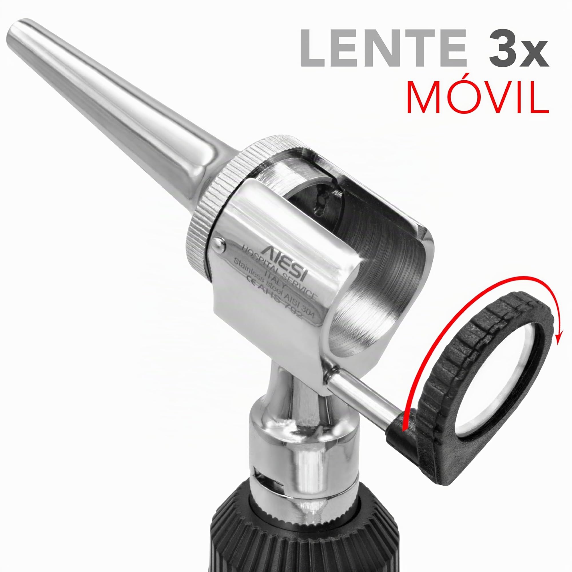 AIESI® Otoscopio Veterinario Profesional de cabeza abierta iluminación LED 3V blanca con 3 conos de acero inoxidable VETSCOPE, Garantía de 24 meses