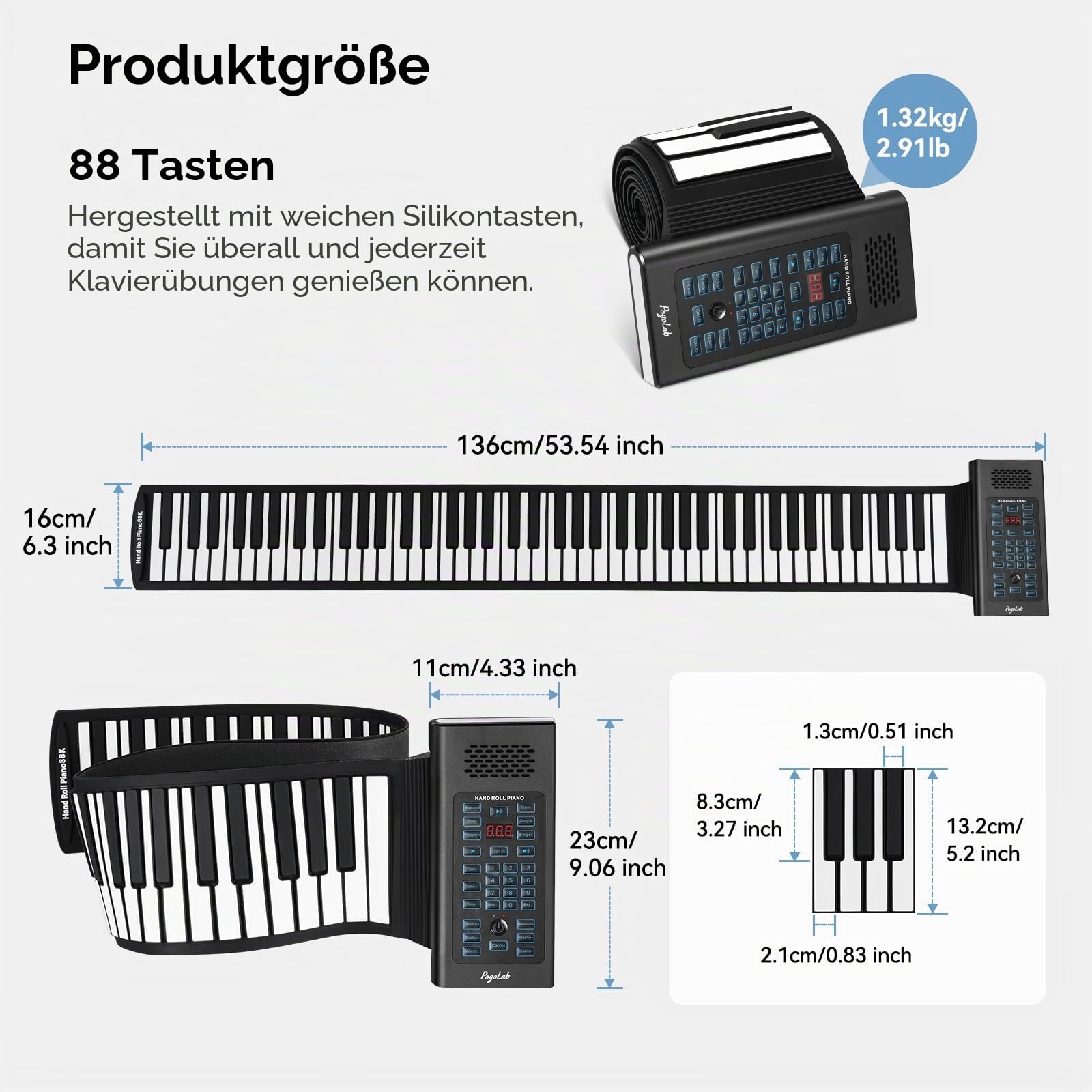 POGOLAB 88-Tasten-Roll-Up-Keyboard-Piano, wiederaufladbares Roll-Up-Piano mit 20 Demos/128 Klangfarben/128 Rhythmen/Kopfhöreranschluss/Bluetooth/Drum-Kit, faltbares Reise-Handroll-Piano für alle