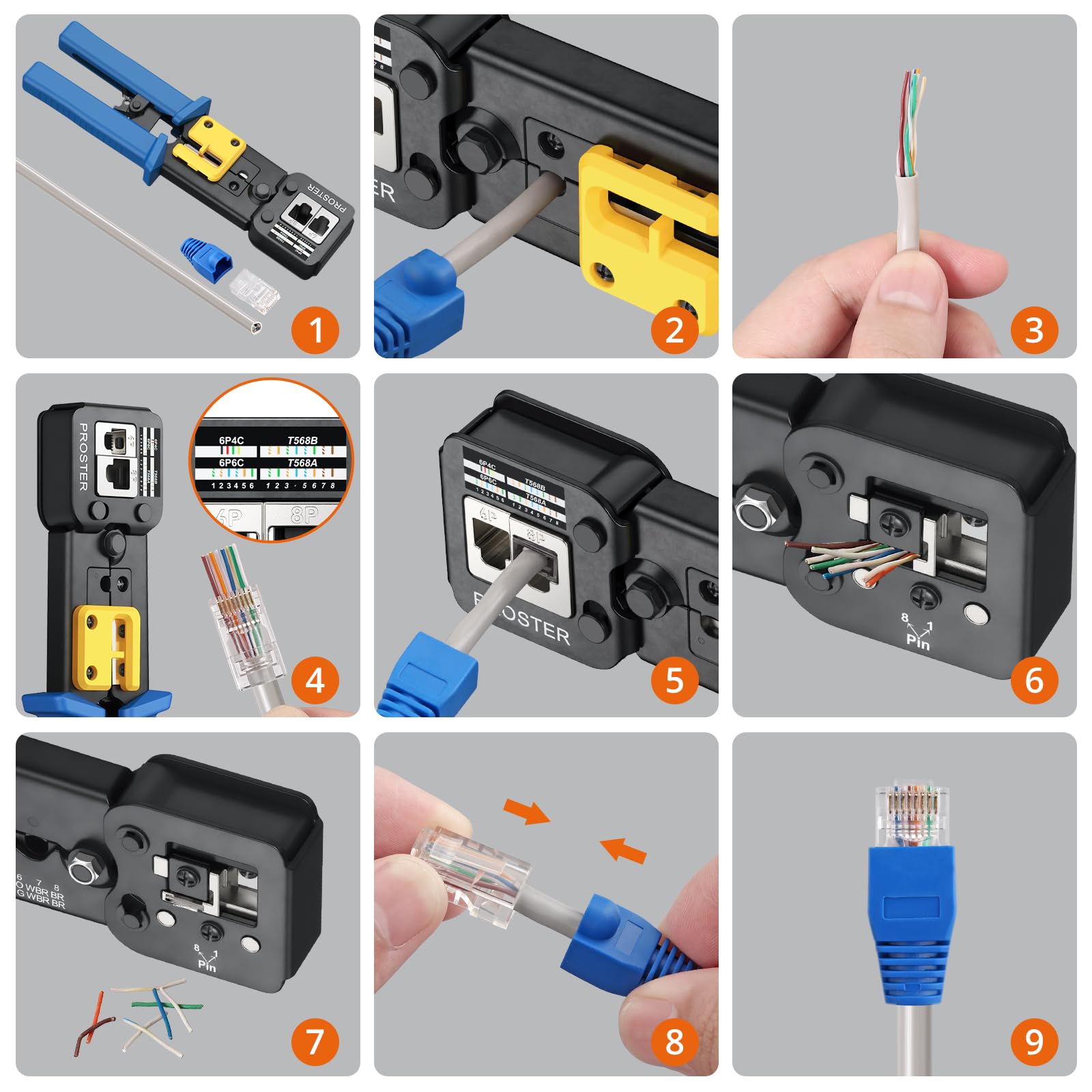 Proster Pince à Sertir RJ45 Professionnelle Kit Réseau – Outil Sertissage Ethernet Cat6 Pass Through avec Testeur, 50 Connecteurs Plaqués Or, Installation Maison Bureau Technicien
