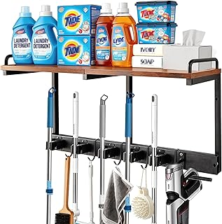 Broom Holder Wall Mount With Cleaning Supplies Organizer Shelf Broom And Mop Organizer Wall Hanging With Vacuum Holder Wall Mount, Wall Mounted Broom Hanger Utility Racks For Home…