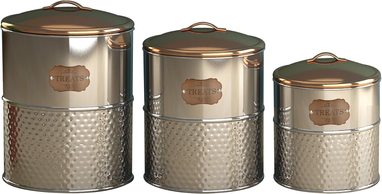 nu steel metal "TREATS" Hammered Stainless Steel 3 Pc set Jumbo Pet Canister with copper lid, Dog Food Treat Storage Container Jar with Lid, Tight Fitting Lids for Dog Biscuit Cookies