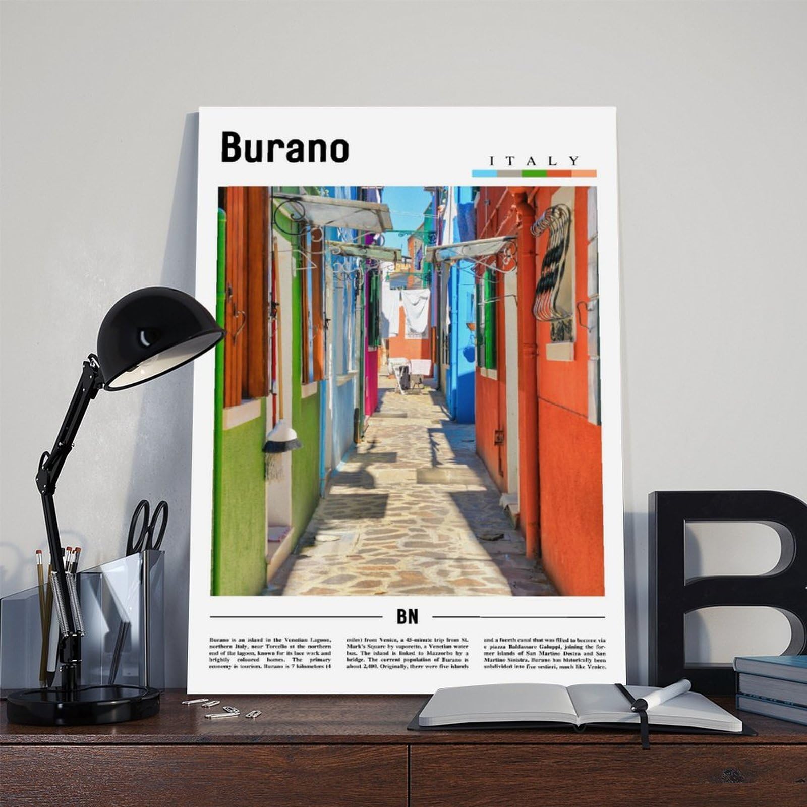 F I N U C B Burano Wenecja Włochy obrazy wydruki nowoczesna grafika do salonu współczesny obraz kuchnia biuro dom rama 12 x 18 cali (30 x 45 cm)
