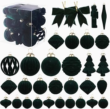 Velvet Christmas Ornaments Set 42pcs Vintage Dark Emerald Green Shatterproof PVC Christmas Tree Decorations with Velvet Bows Ornaments Holiday Ornaments for Xmas Tree Festive Party Supplies