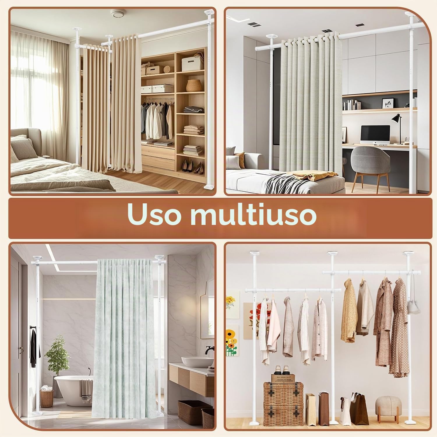 WELDUN Paravento - Divisorio per tende, senza tenda, frangivista per soggiorno, camera da letto o ufficio, 227-312 cm (A), 71-290 cm (B), bianco