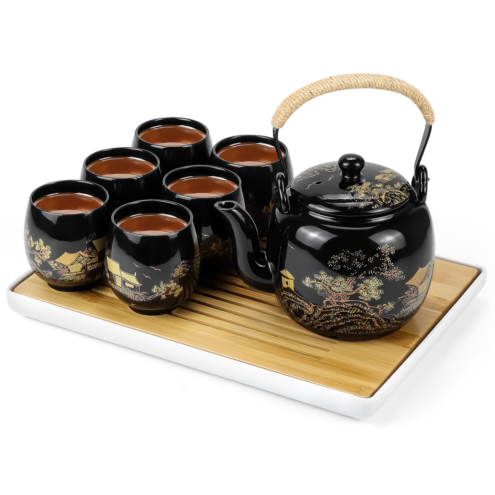 Ceramic Japanese Tea Set, Porcelain Black Teapot Gift Set for Tea Lovers