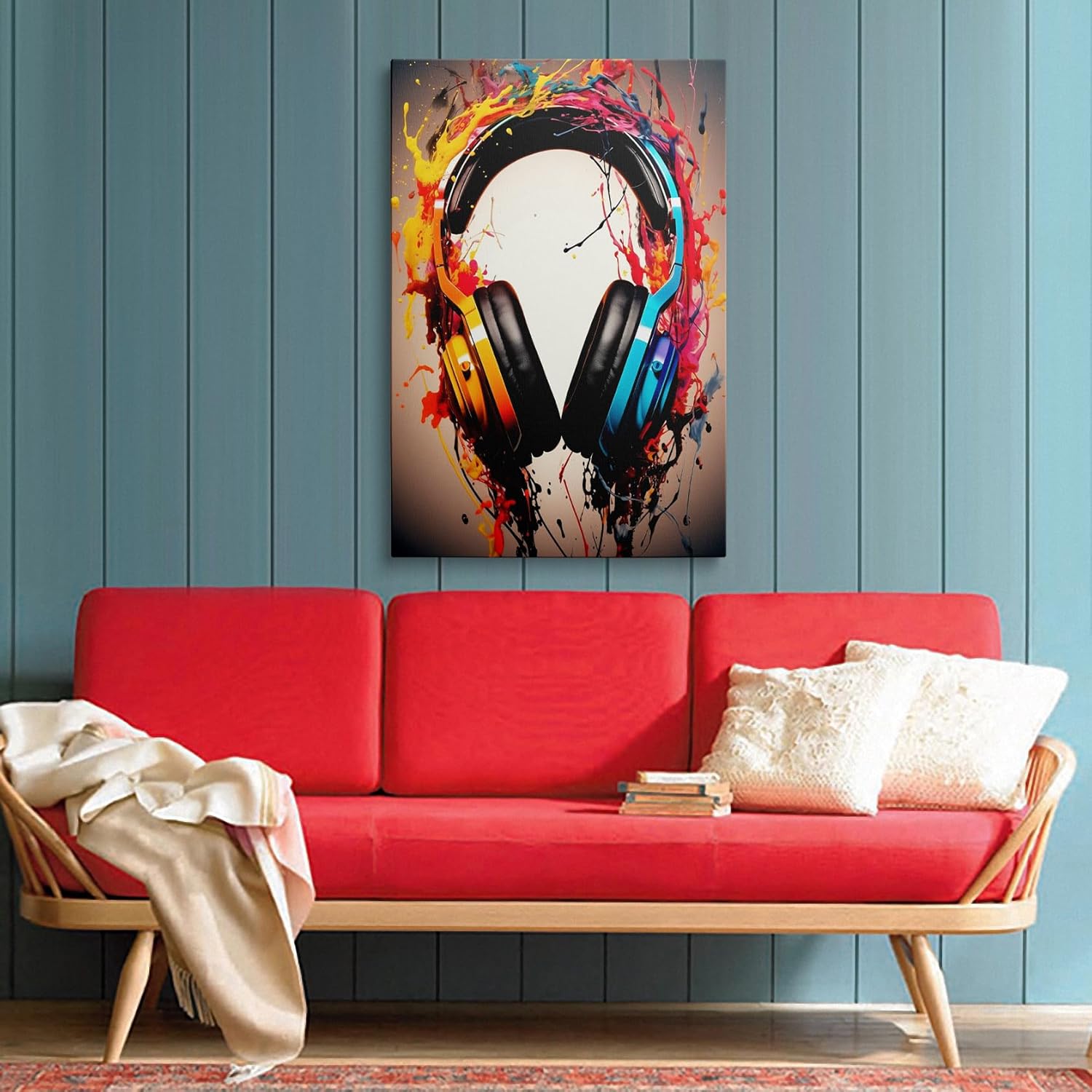 Framed Banksy Graffiti Colorful DJ Headphone Earphone Music Canvas Wall Art Funny Cool Gaming Headset Decor Poster For Living Room Bedroom Home Office Artwork Gift Ready To Hang (16x24 Inches)