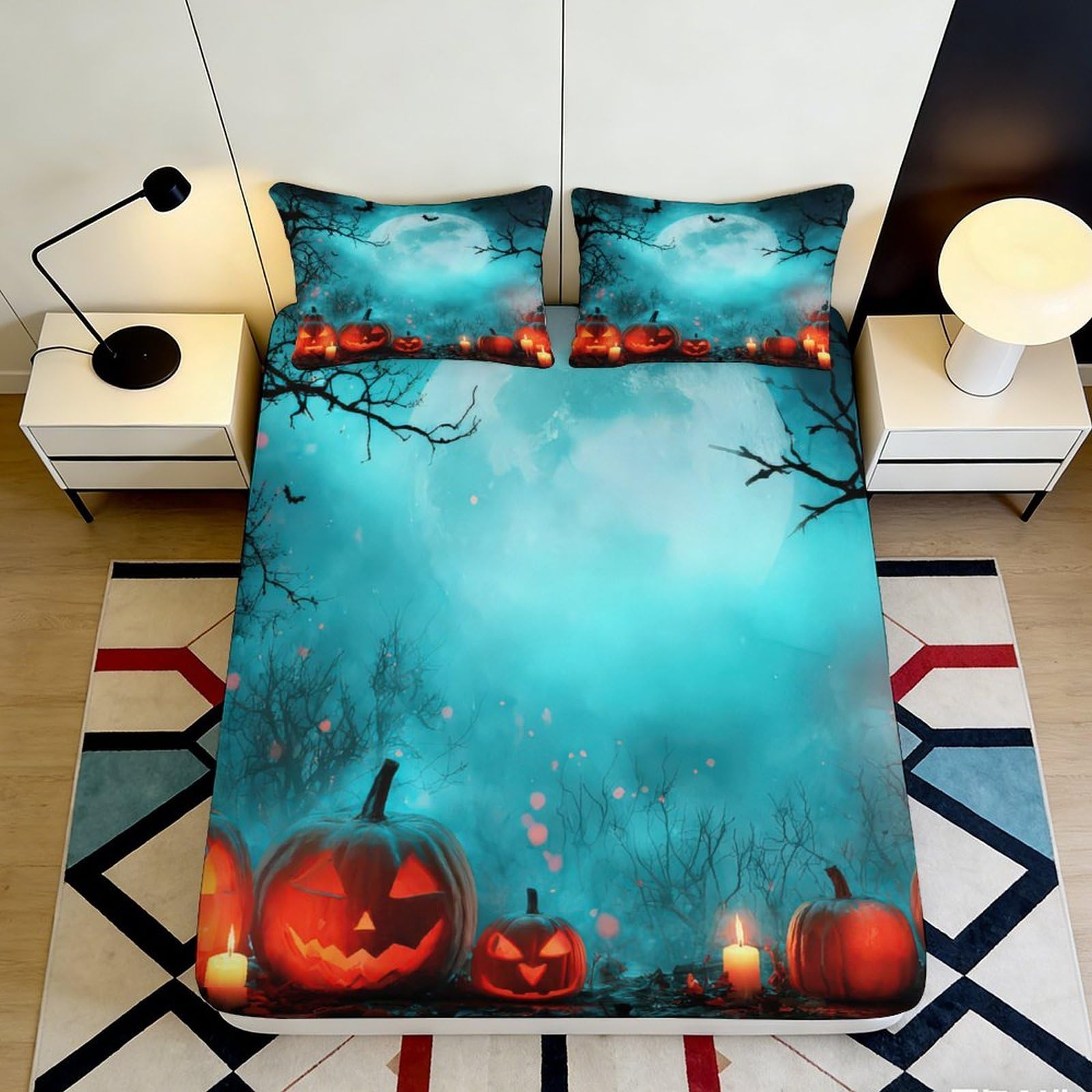 Pnayamiorkfel Style-1 3D Printed Halloween Pumpkin Fitted Sheet Microfiber Soft Blue Bed Sheet Decor For Bedroom Guest Room Easy Care 90X200x25cm