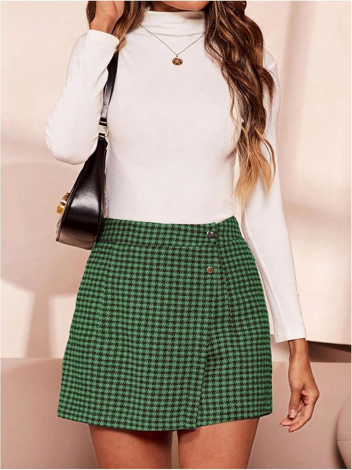 WDIRARA Women's Houndstooth Print Wrap Front Skort High Waist Asymmetrical Button Casual Shorts Skirts - Image 4