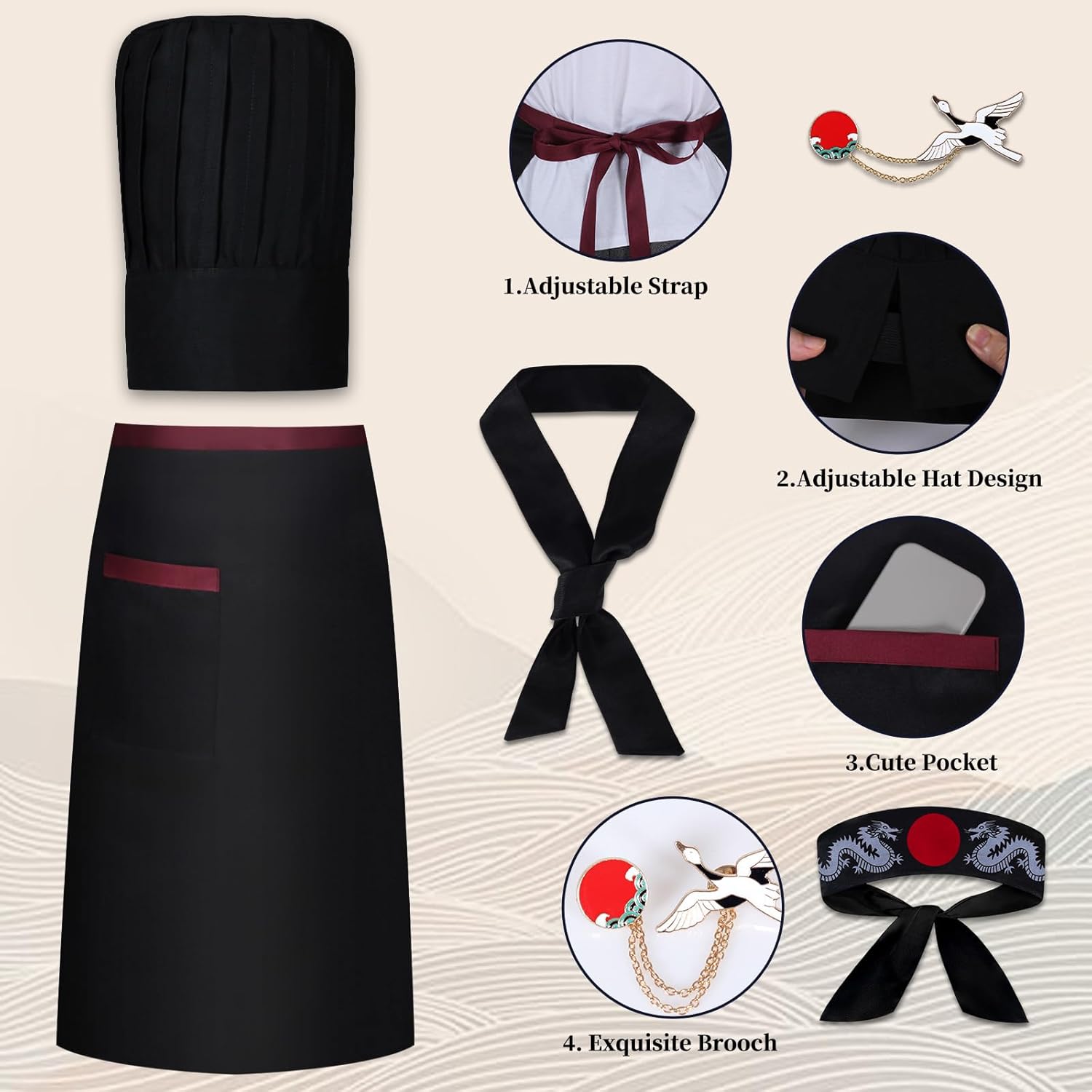 Japanese 8 Hibachi Chef Costume Set Teppanyaki Tall Cap with Hachimaki Headband Apron Accessories - Image 3