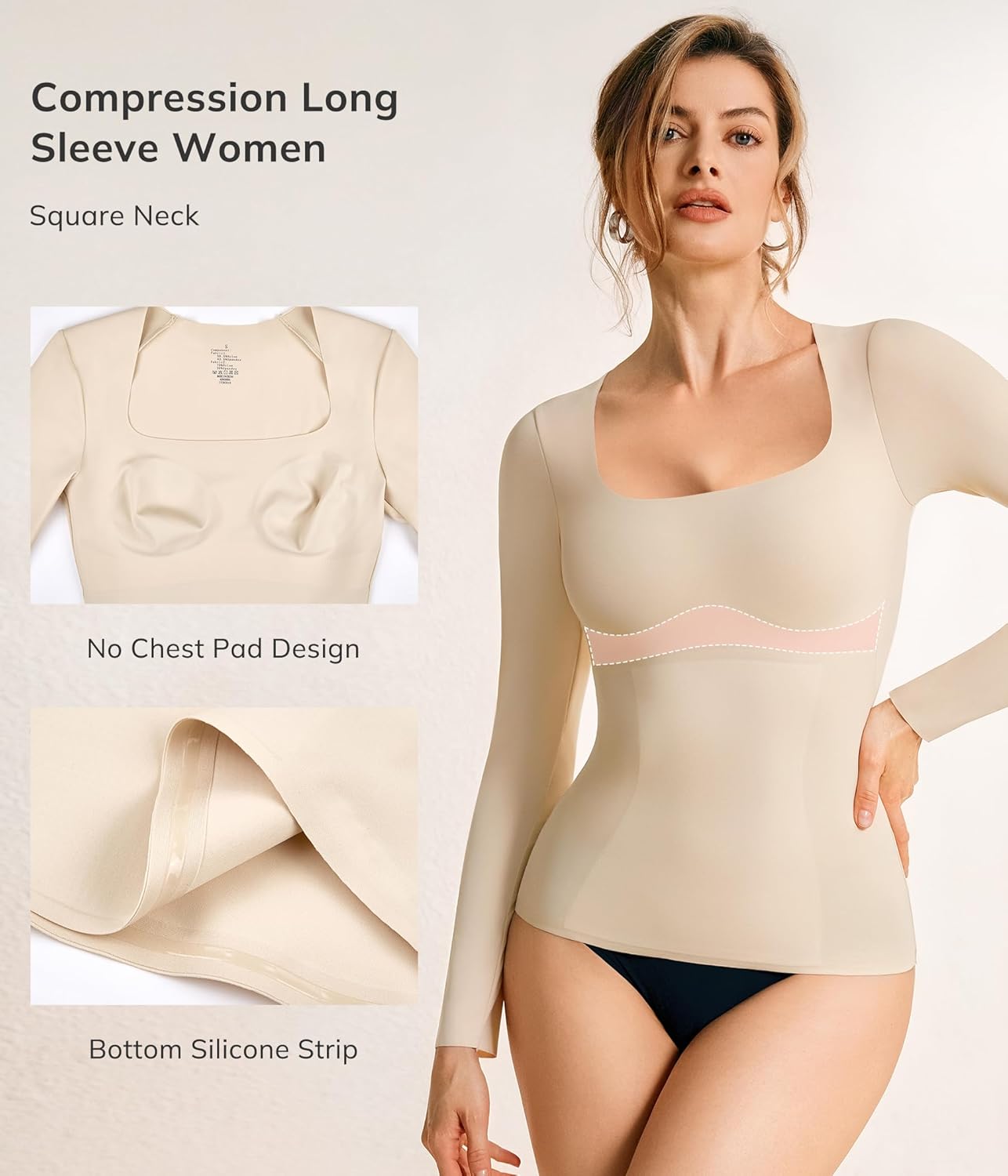 LODAY Tummy Control Shapewear Tank Top Square Neck Long Sleeve Top Slimming Body Shaper Compression Tanks for Women - Image 4