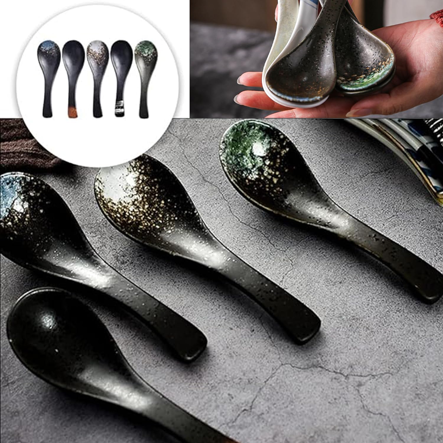 Set Di 5 Cucchiaio Cucchiaini In Ceramica, Cucchiai Da Minestra Cinesi Retrò, Cucchiai Da Ramen Asiatici, Cucchiai Da Zuppa Giapponesi, Creativo Stoviglie Cucina Per Wonton Pasta Caffè (Nero)