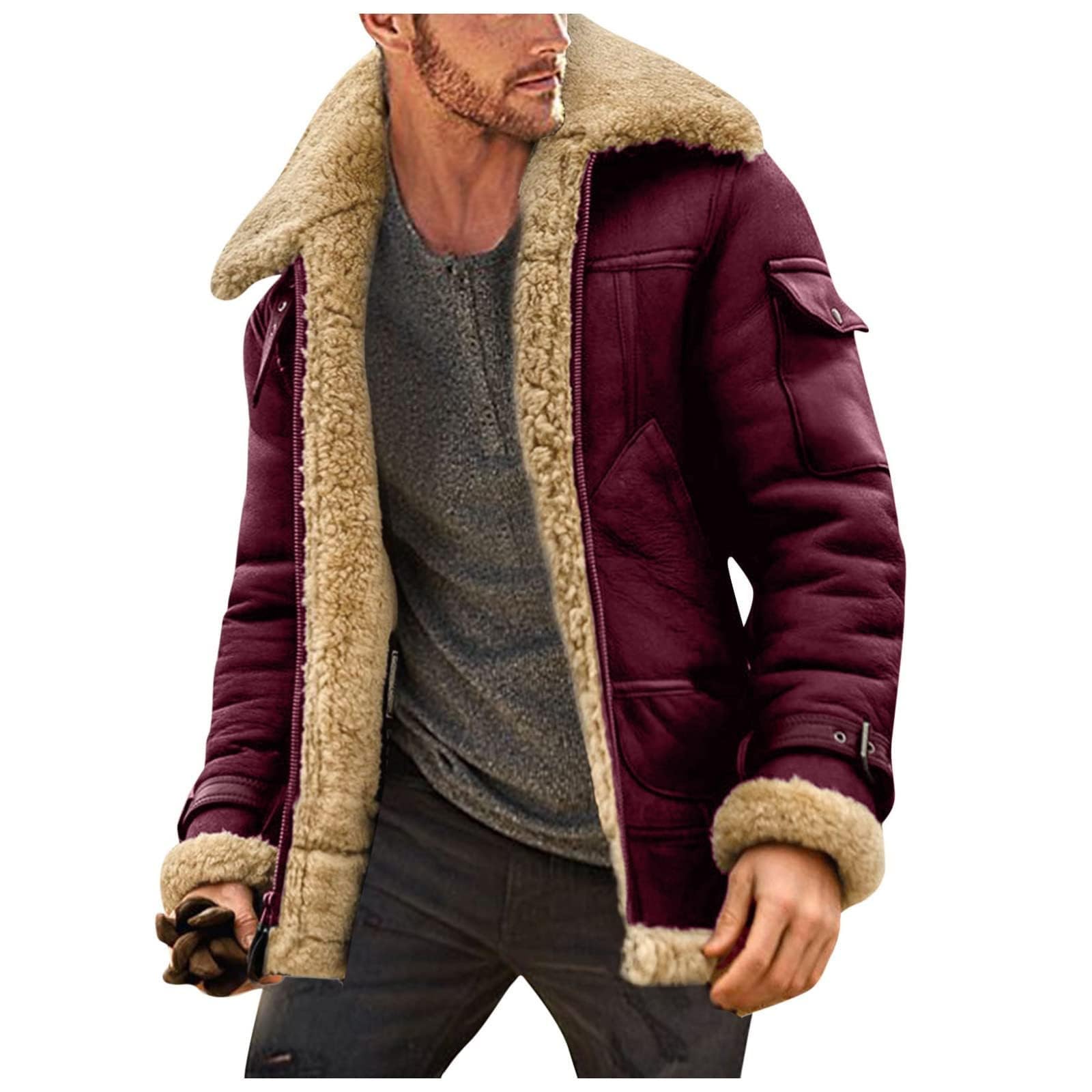 Shearling Coat Men Warm Fleece Lined Coat Aviator Shearling Sheepskin Leather Winter Jacket Lapel Work Cargo Jackets