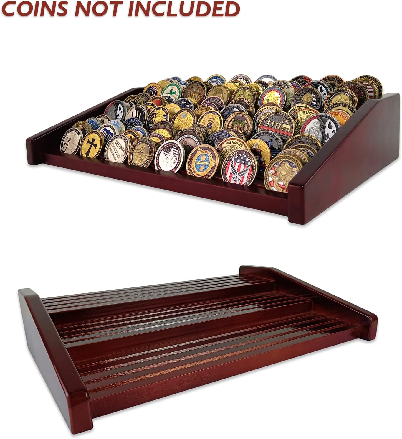 12 Rows Military Challenge Coin Holder Display Case Holds 90-100 Coins, Solid Wood Army Coin Rack Display Stand for Desktop, Mahogany