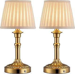 Cordless Portables Table Lamp Set of 2, LED Fabric Shade Small Desk Lamps, 5000mAh Battery Powered Lighting, 2700K Stepless Dimmable Light for Living Room, Dining Room, Bedroom, Bedside (Gold)