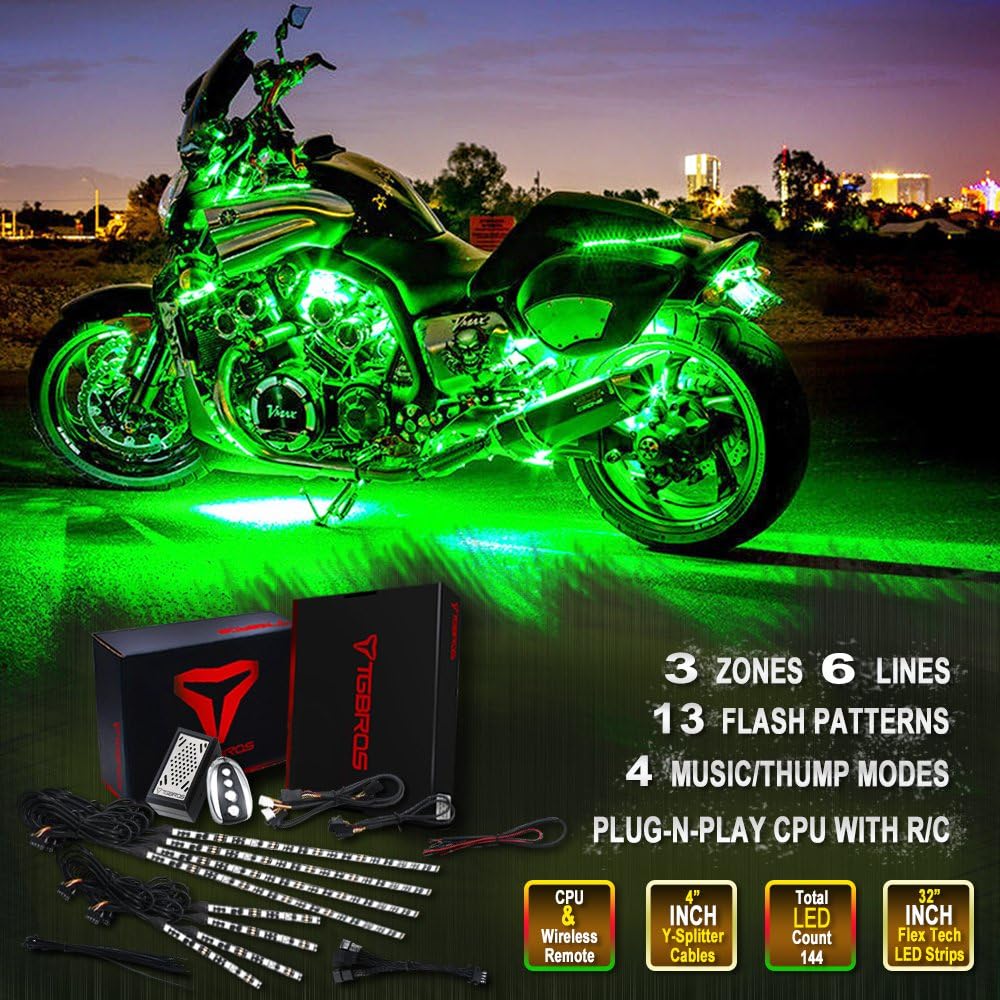 13 Function 8Pc ALL-Colour Sound Beat Activated Under Glow LED Light Neon Strips Kit For Touring Motorcycle Dirt Bike ATV