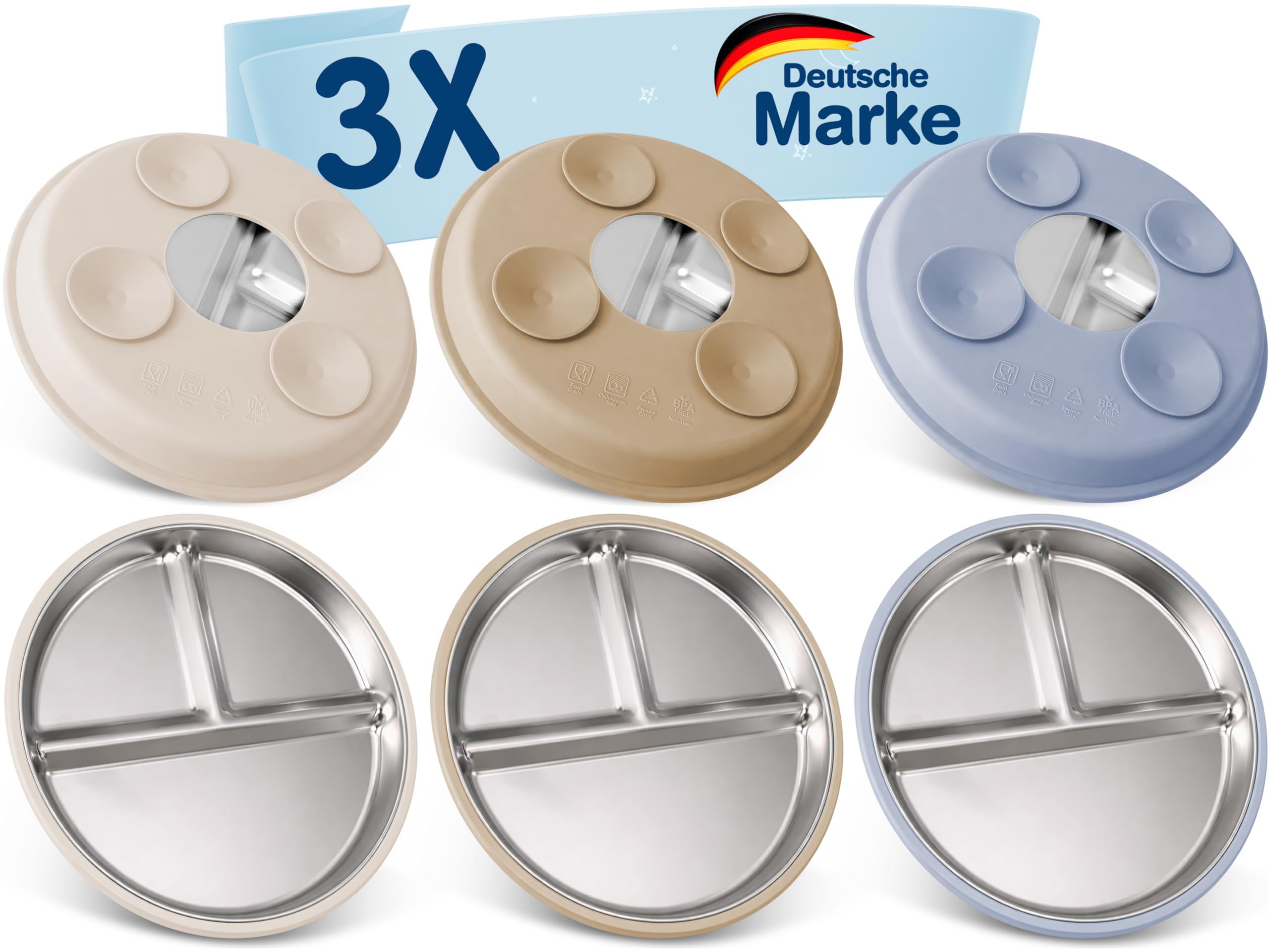 Mutkind® 3x Baby Teller mit Saugnapf - (Extra Starker Halt) Edelstahl Kinderteller - Spülmaschinengeeignet - Rutschfester Babyteller mit Saugnapf - Beikost Baby Zubehör - Hochwertiges Kindergeschirr