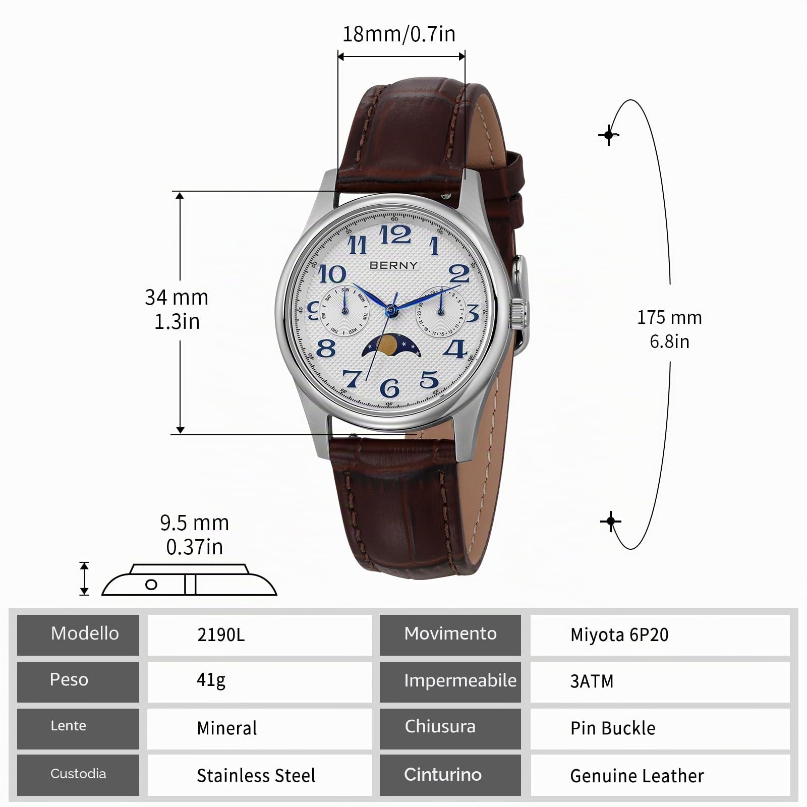 BERNY Orologio al quarzo per le donne Fasi lunari Orologi da polso da donna Facile lettura Numeri arabi Quadrante Analogico Orologi Sub-dail con Data Calendario Giorno Cinturino in pelle Genuine