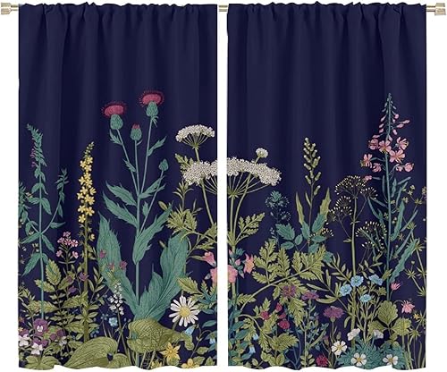 Miniatura 399 de Retro 70s Floral Blackout Window Curtains, Watercolor Flower Plant Rustic Modern Style Pattern Window Drapes, for Bedroom Living Room 42x45in 2