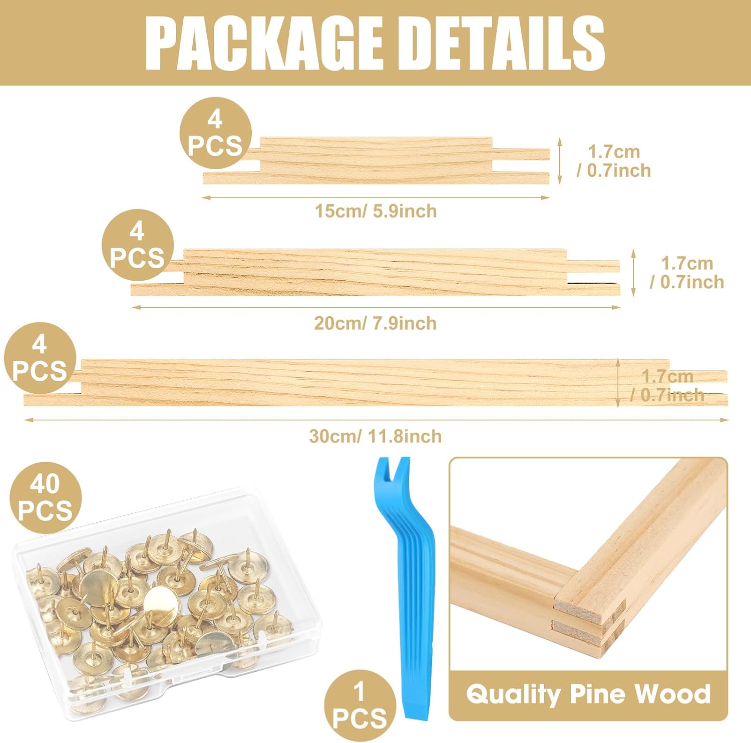 Czlotyh 12 PCS Needlepoint Stretcher Bars 3 Sizes Stretcher Bars for Needlework with 40 Thumb Tacks Remover Wooden Canvas Art Supplies Stitch Frame Set for Needlepoint Embroidery Bundle with Crafts