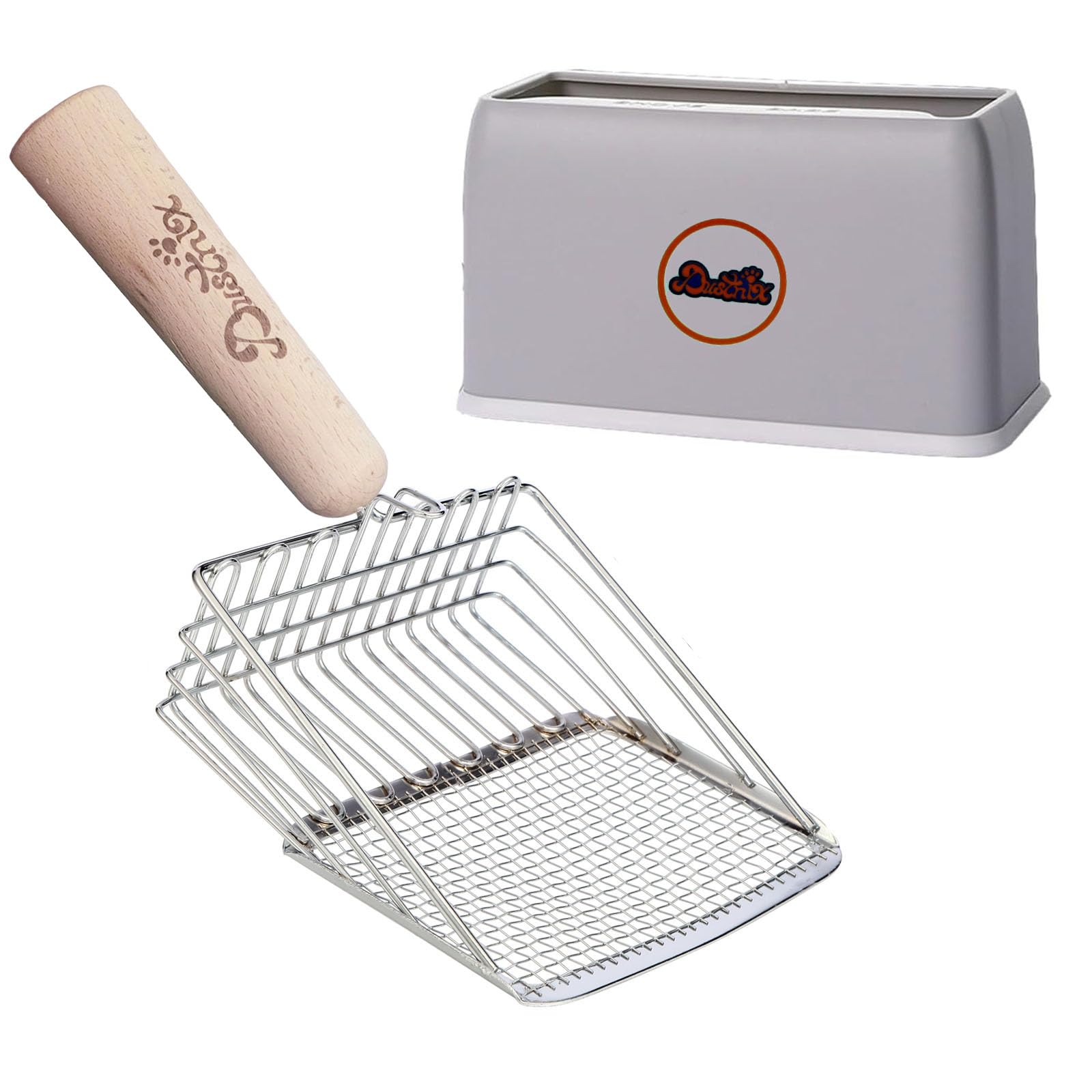 DUSTNIX Metal Cat Litter Scoop with Deep Shovel, Wood Handle and Stand for Easy Storage Sturdy Stainless Steel Cat Litter Scoop with Holder (Scoop with Holder)