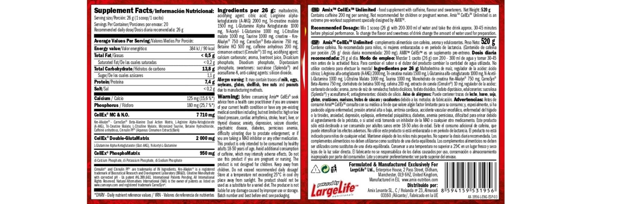 AMIX - Aminoácido en Polvo CellEx Unlimited - Pre Entrenamiento para Aumentar el Rendimiento y la Intensidad - Complemento Alimenticio - Sabor Neutro - 520 g