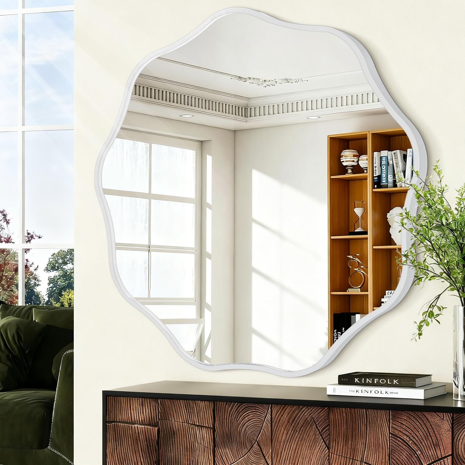 HLFMVWE Round Wavy Mirror, 60CM Metal Frame Circle Decorative Mirror, Round Wall Mounted for Bathroom Entryway Bathroom, Vanity Living Room White