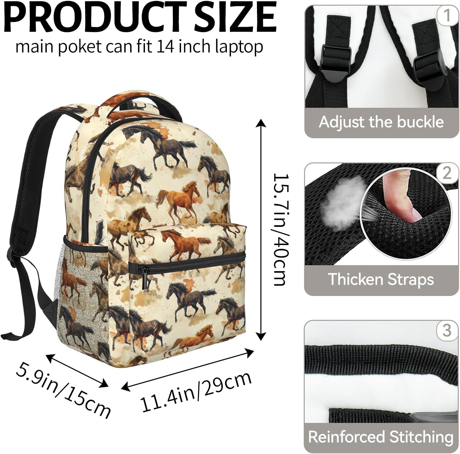 Running Horses Backpack for Women Men Teen Boys School Laptop College Galloping Steed Backpacks for Gifts Travel Hiking Work Camping, Polyester Lightweight Aesthetic Bookbag Back Pack