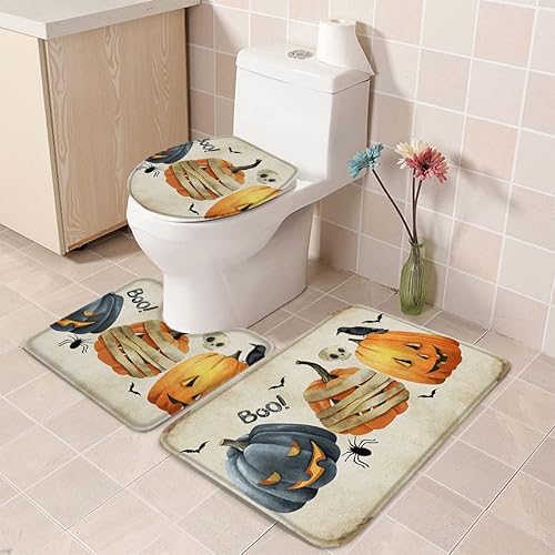 Miniatura 1 de Bathroom Rugs Sets 3 Piece Bath Mat,Pumpkin Ghost Face Halloween Bats Spiders Soft Non-Slip Bath Rug Set,Absorbent Shower Rugs Toilet Seat Cover