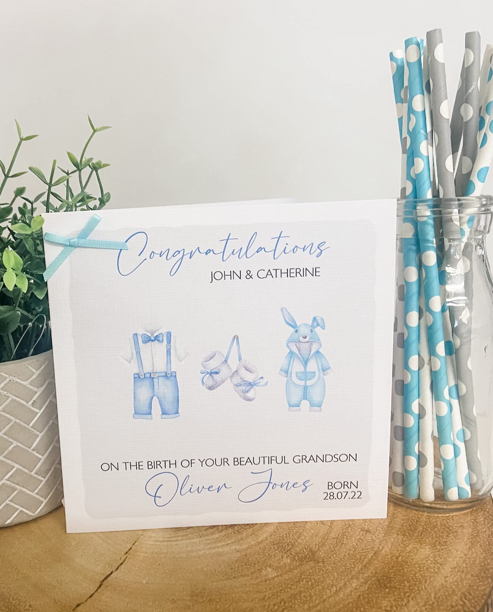 Personalised Congratulations New Baby Card For Parents Grandparents Son Grandson Boy Blue (Small 148mm x 148mm)