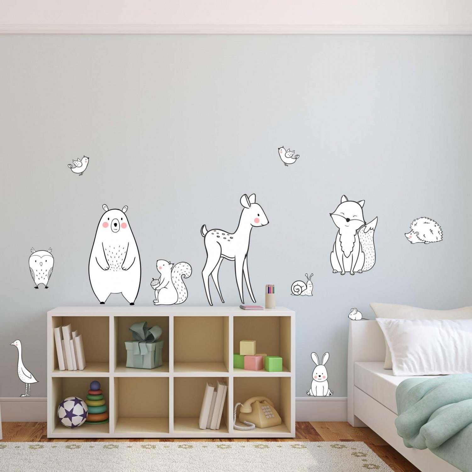 Nikima Bonito para niños – 124 Adhesivo de pared Animales Negro Blanco Mimimalista Sencillo Moderno – en 6 Tamaños – Preciosa pegatina para habitación de los Niños y pegatinas mágicas de pared pared