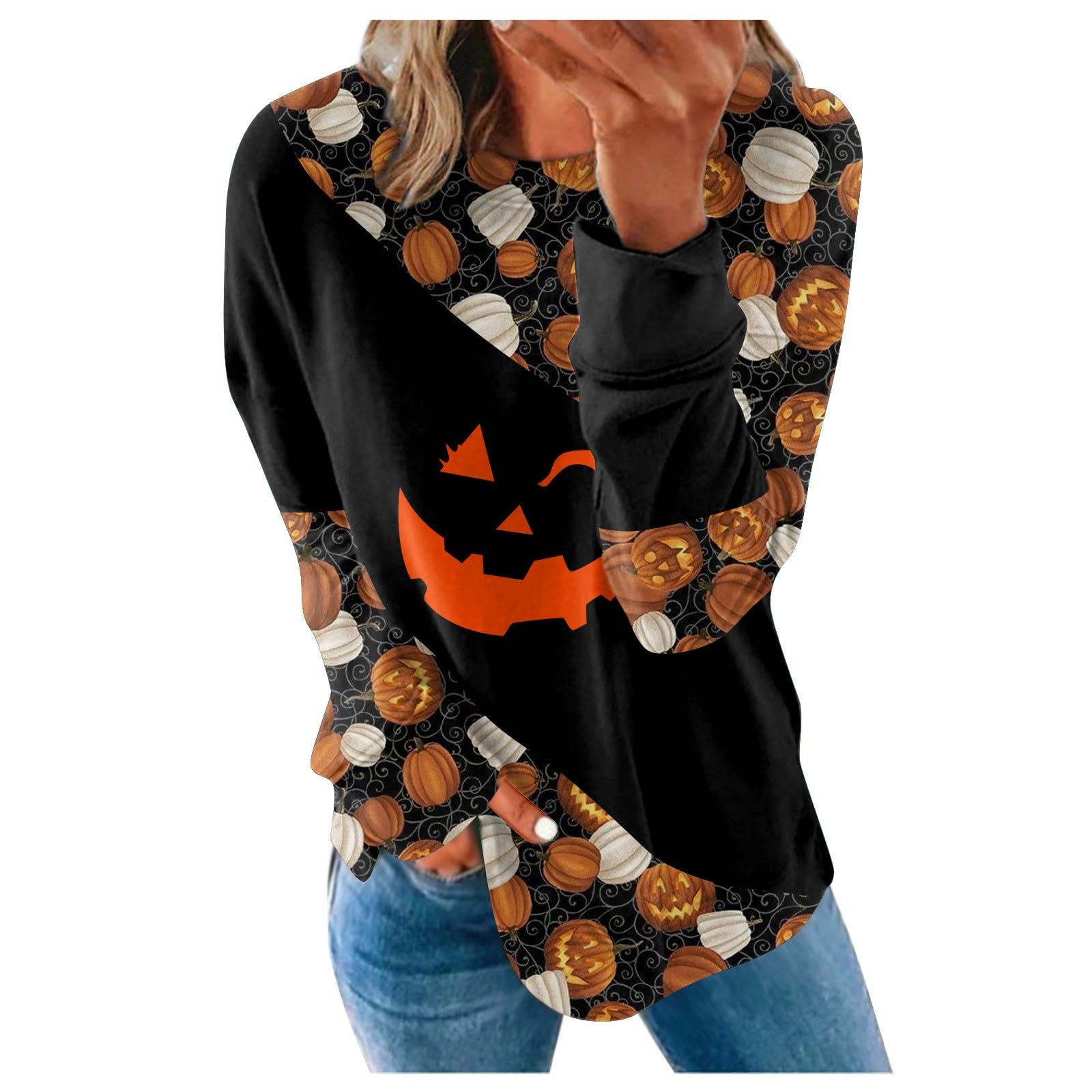 HSUAYEUDHalloween Costumes for Women 2023 Casual O Neck Jumpers Graphic Tops Pullover Blouse Long Sleeve Sweatshirt T Shirt