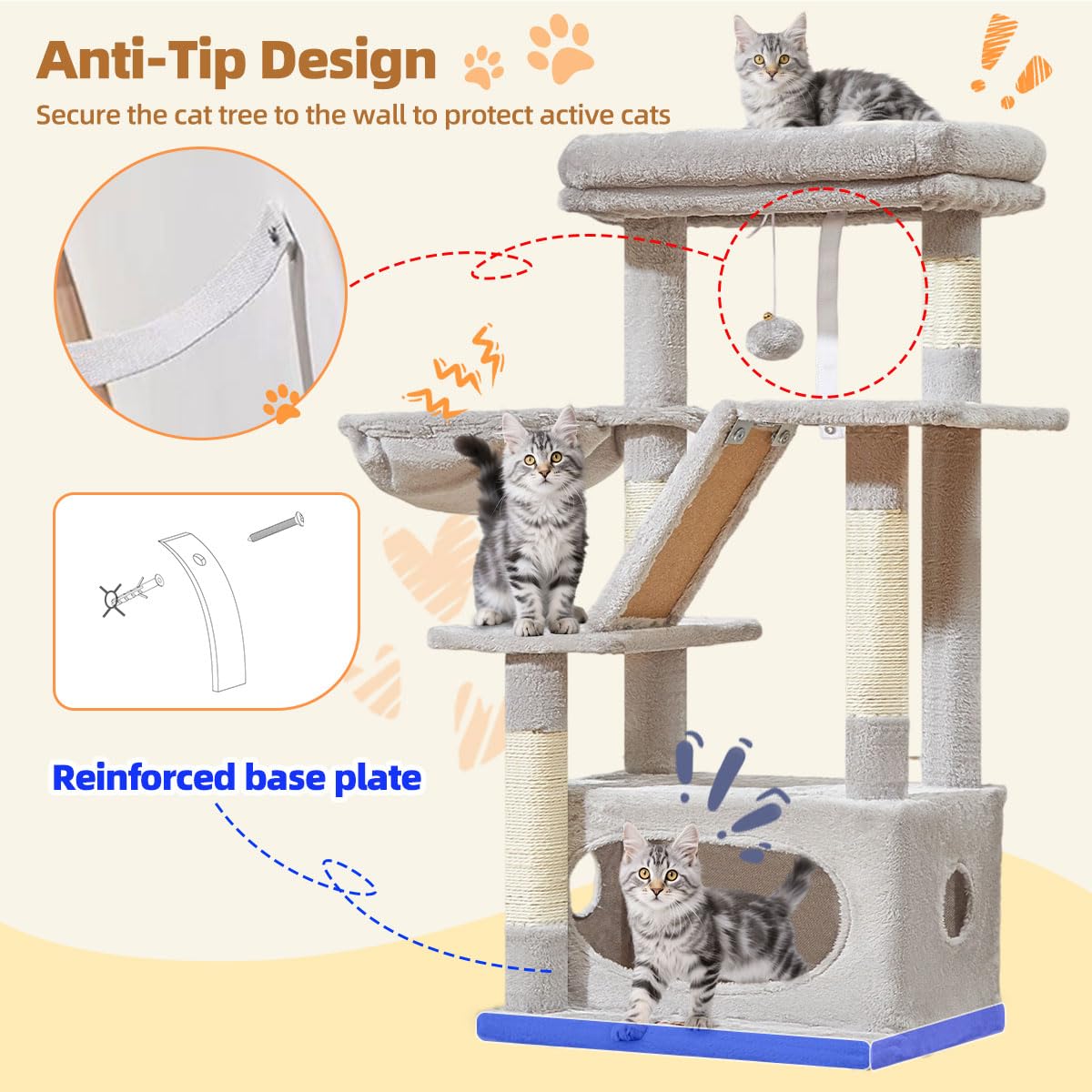 Taoqimiao Arbre a Chat, 97cm Arbre à Chat Stable avec 4 Griffoirs, Condos Spacieux pour Chats, Plateforme Souple, Panier pour Matou, Gris Clair MS029SW