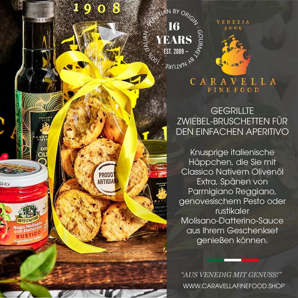 Caravella Fine Food italienisches Pasta Geschenkset mit Tagliatelle Paccheri Parmigiano Reggiano 3 Saucen Bruschette & nativem Olivenöl extra | Premium Feinkost für Weihnachten Geburtstag & Familie