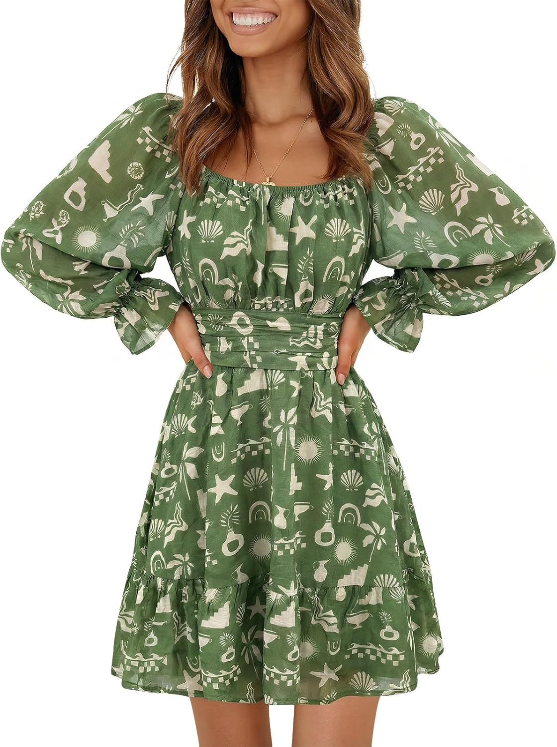 EXLURA Women's 2026 Casual Long Lantern Sleeve Dresses Square Neck Ruffle Tie Back Elastic Waist Aline Short Mini Dress