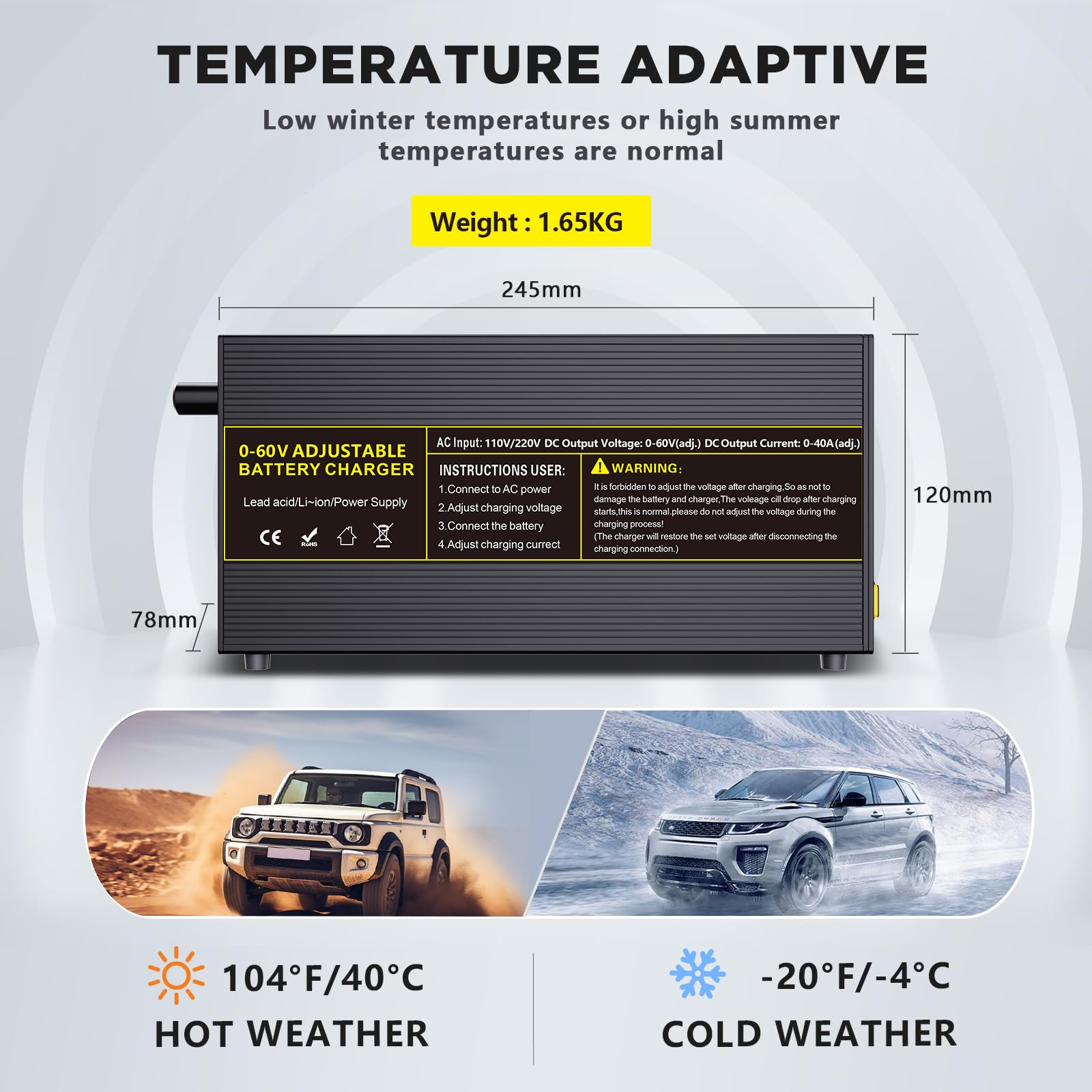 Cargador Universal Inteligente Ajustable de 60 V / 40 A para baterías de 12 V / 24 V / 36 V / 48 V LiFePO₄, Litio y Plomo-ácido, con Pantalla multifunción, Conector Anderson y Pinzas de cocodrilo