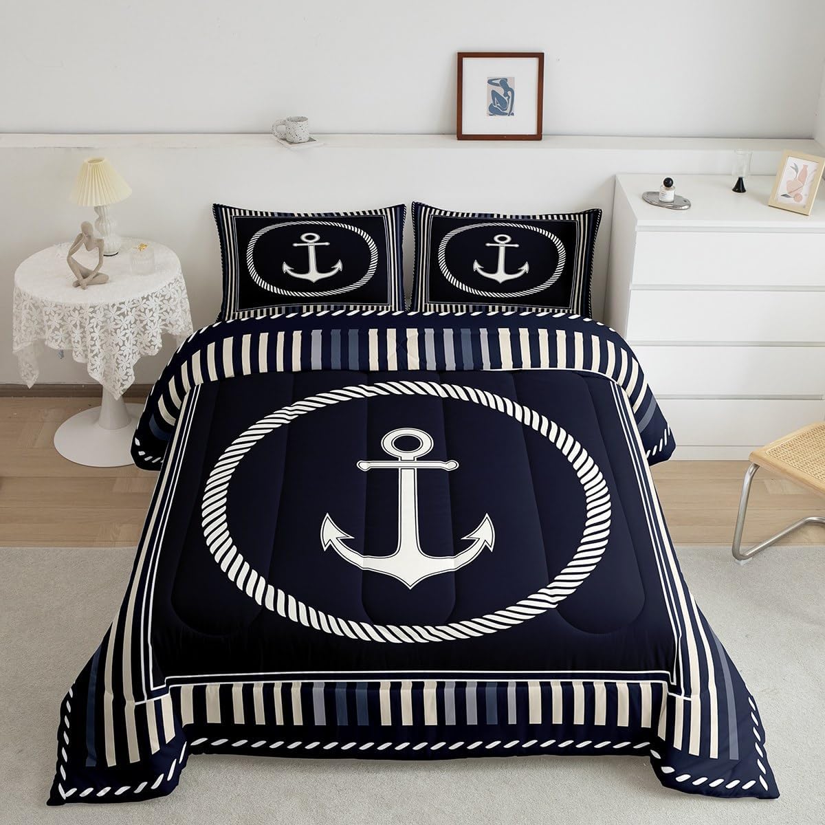 Feelyou Anchor Decor Comforter Set Queen Size Ocean Nautical Themed Bedding Set Kids Boys Girls Geometric Stripes Navy Blue Comforter Coastal Sea Adventure Quilt Set