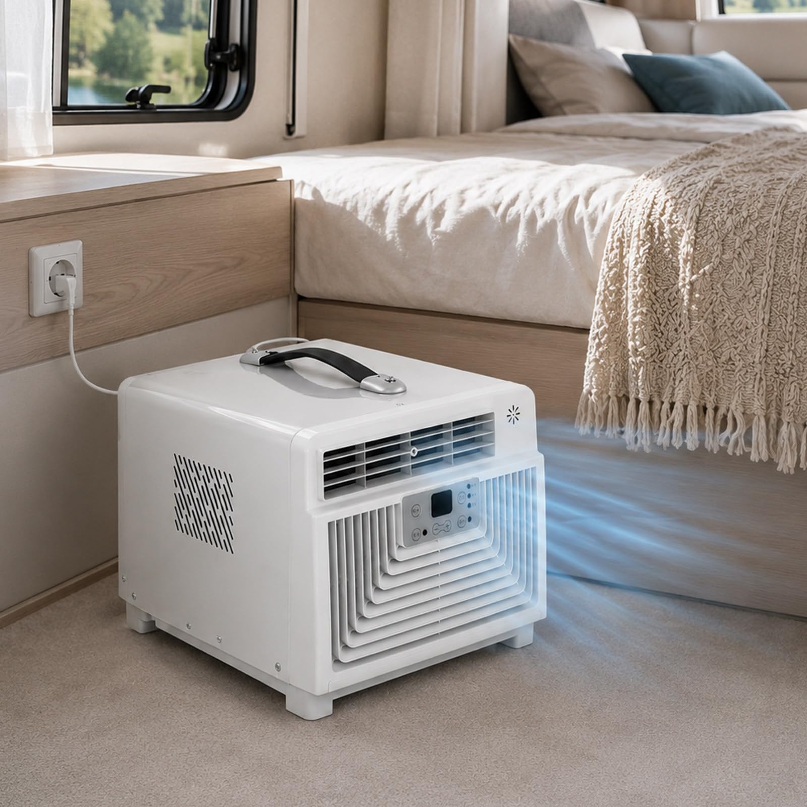 moupeaktain Portable Camping Ac Unit, 3400 BTU Small Air Conditioner for Tent, Rv, Truck and Van, 3-in-1 Ac Unit with Cooling, Dehumidifier, Fan, Remote, 1-12h Timer, Exhaust Hose, 220V