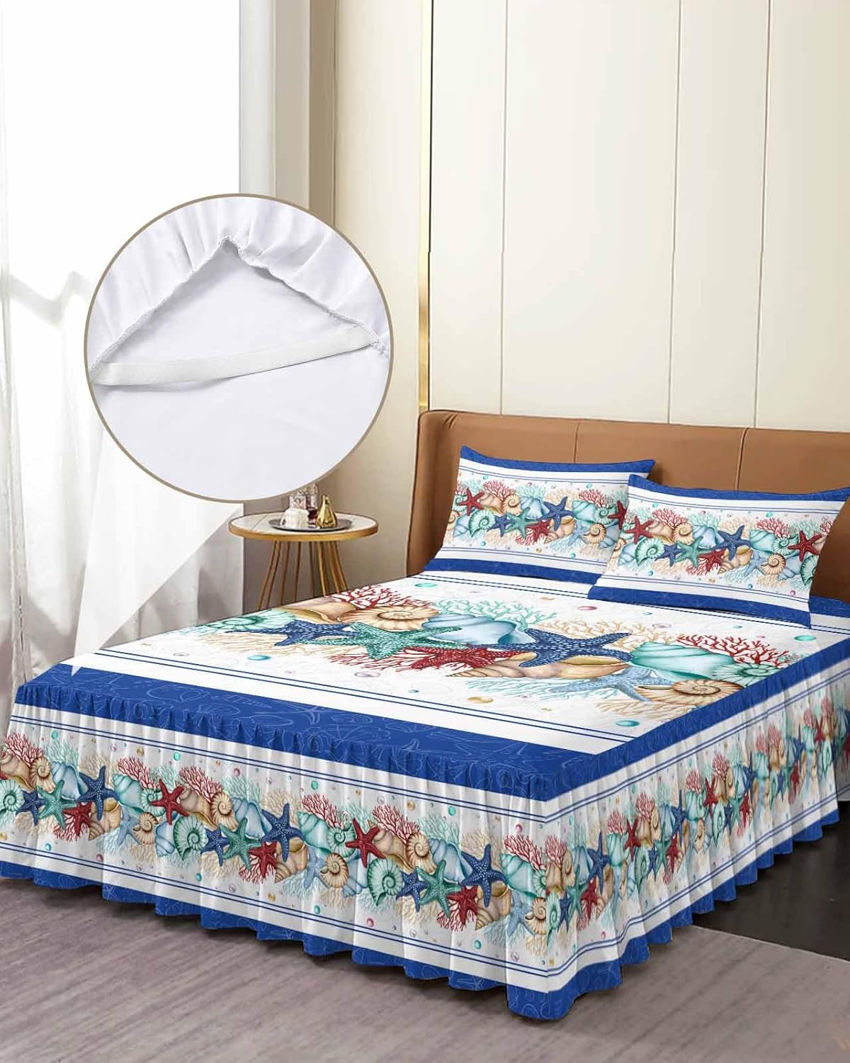 Starfish Navy Blue Bed Skirt for King Size Bed,Wrap Around Bedding Skirt Dust Ruffle Bedskirt Sets With 2 Packs Matching Pillow Covers 36"x20",18" Drop,Tropical Ocean Coral Seaside Shell Pearl