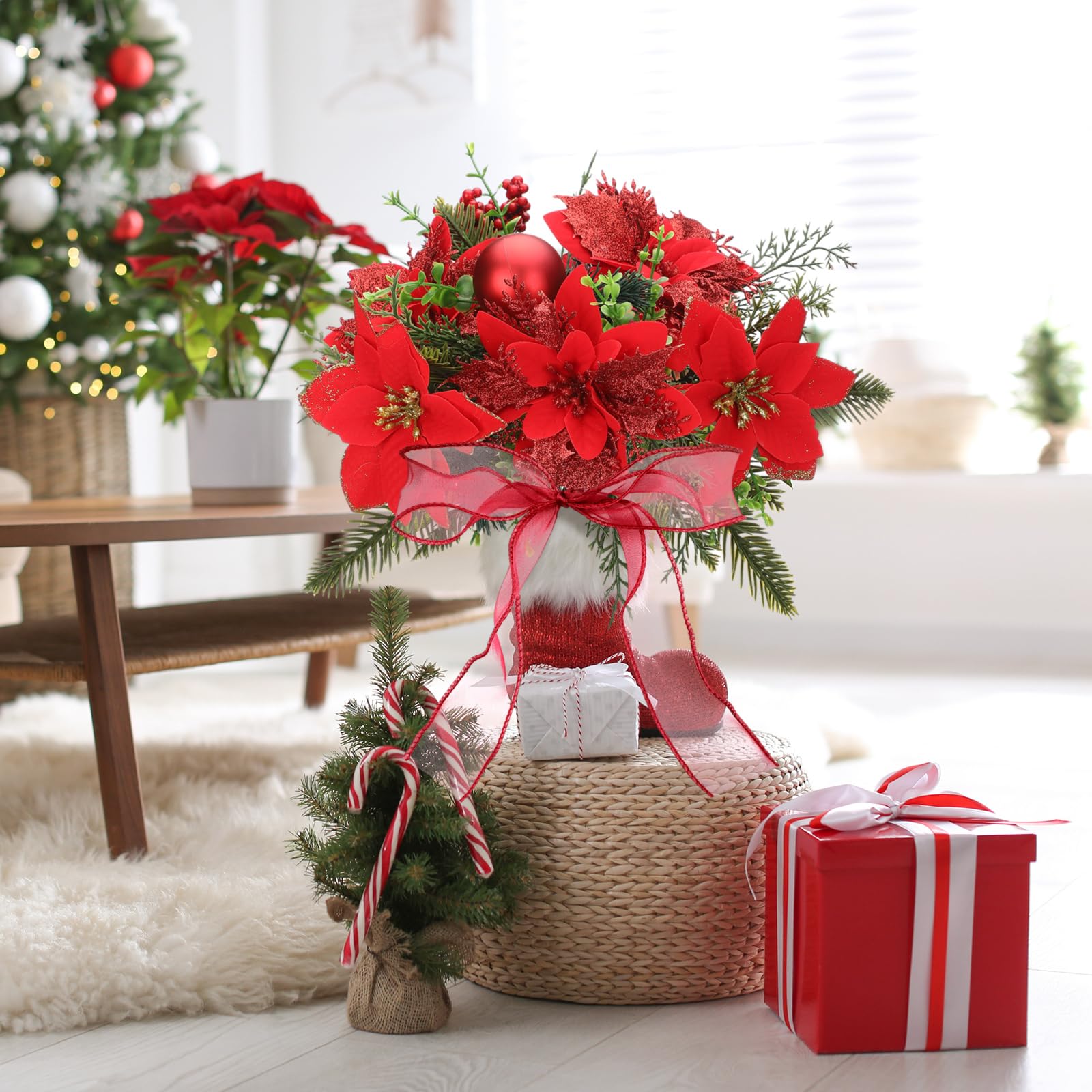 Giegxin Lot de 4 buissons de poinsettia en velours synthétique de 35 cm pour intérieur et extérieur - Décoration de sapin de Noël - Décoration de porche (rouge)
