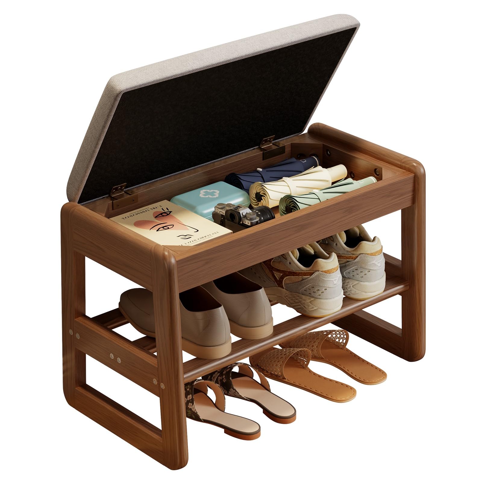 KASLANDI Schuhbank Holz Schuhregal mit Sitzkissen Klapp-Aufbewahrung 2-Ebenen 30 x 60 x 40 cm Walnuss