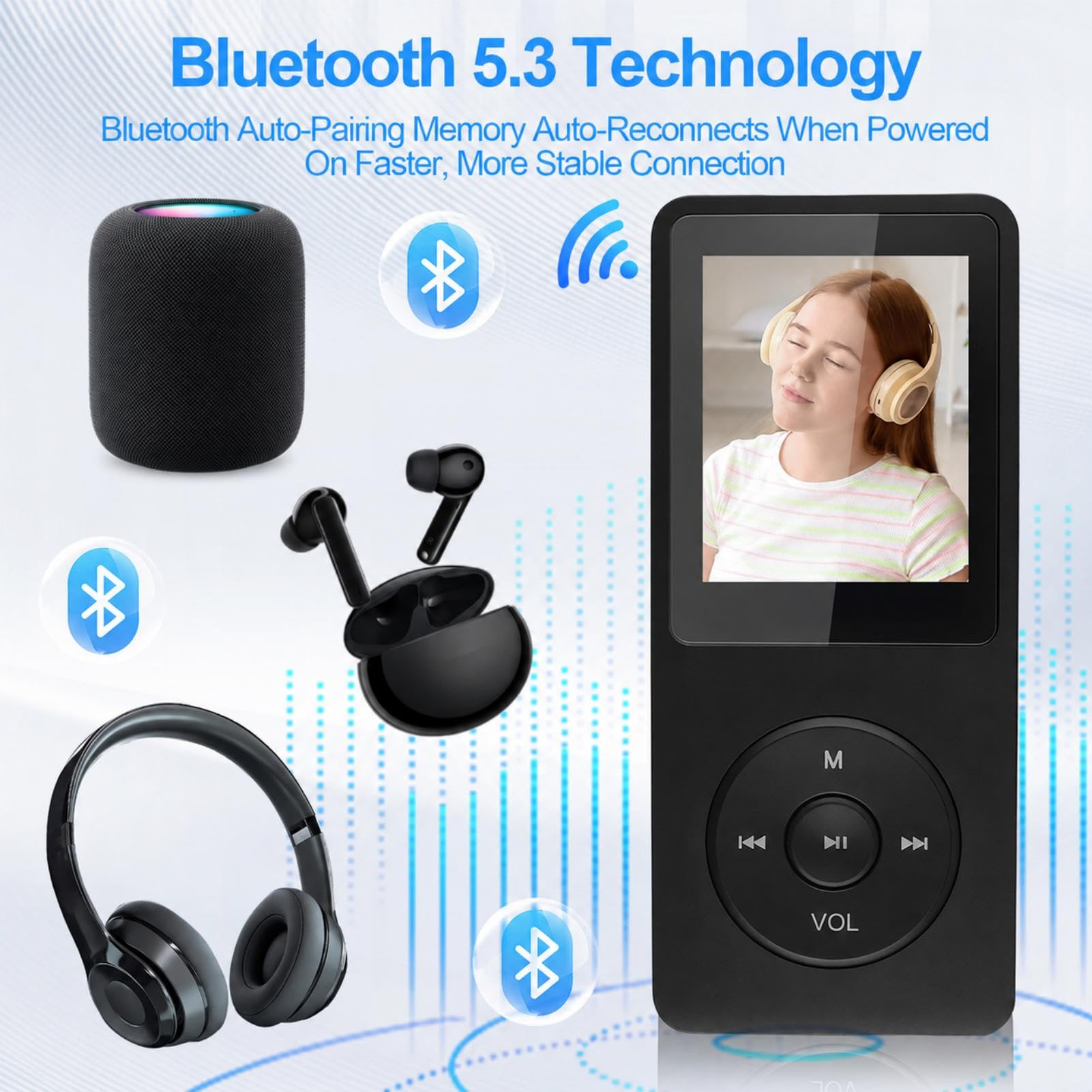 Reproductor MP3 64GB Bluetooth 5.3, MP3 Player Bluetooth con Radio FM y Altavoz, HiFi Música sin Pérdidas, Grabadora de Voz, Ebook, Soporte MicroSD 128GB, Wired Earphones and OTG Adapte