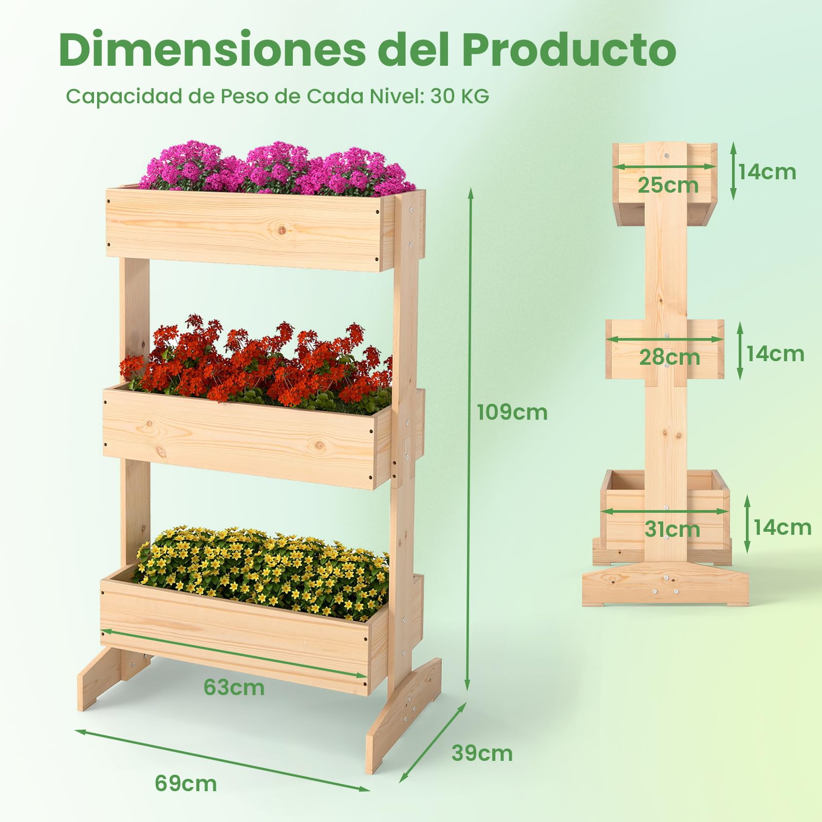 COSTWAY Jardinera Vertical de Madera, Huerto Urbano Terraza de 3 Niveles, Jardinera Flores Plantas Soporte, 69 x 39 x 109 cm, Caja de Plantación para Jardín Balcón, Natural