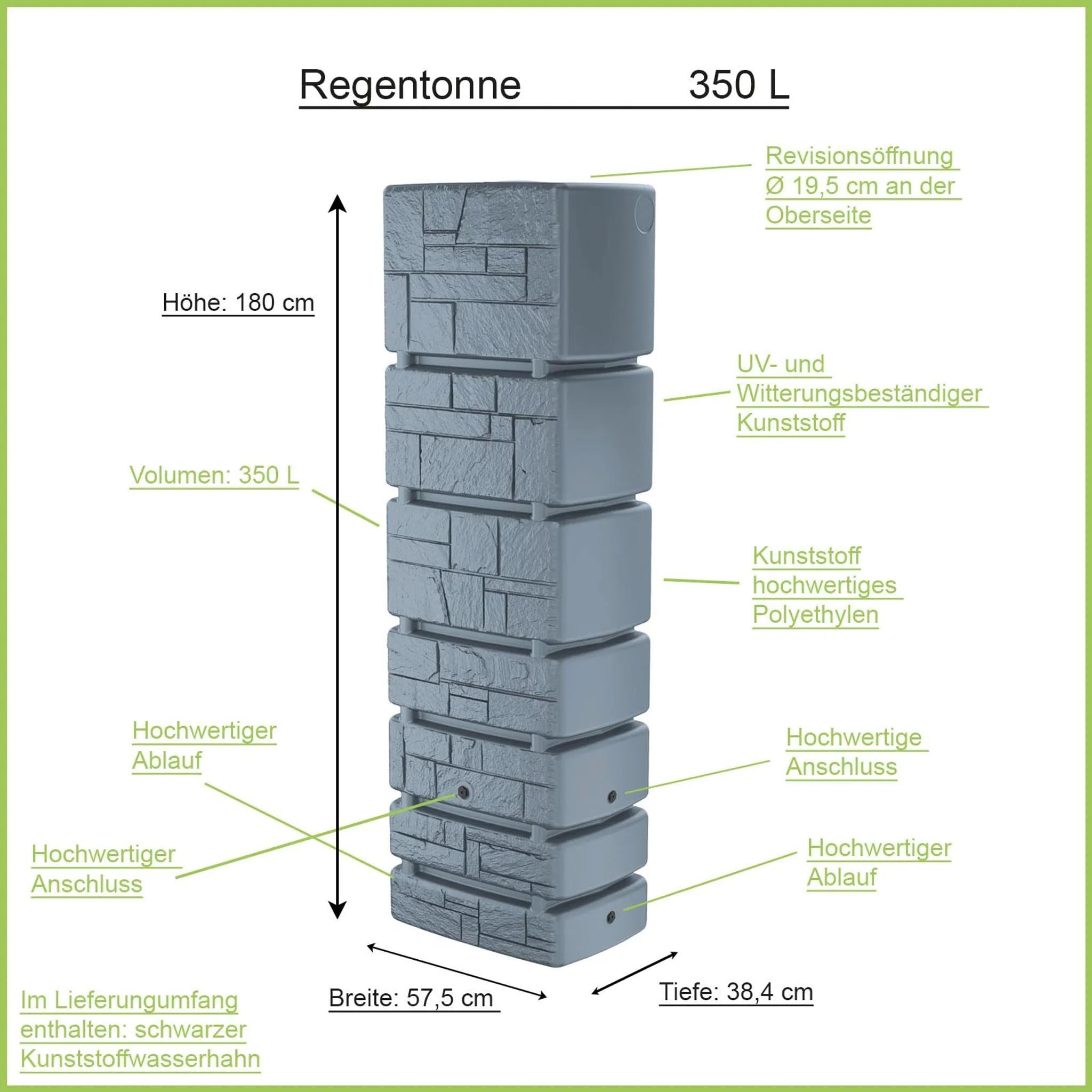 Regentonne 350L, Grau, Regenwasserspeicher für Garten, Langlebig und Einfach zu Verwenden, 180 x 38 x 57 cm