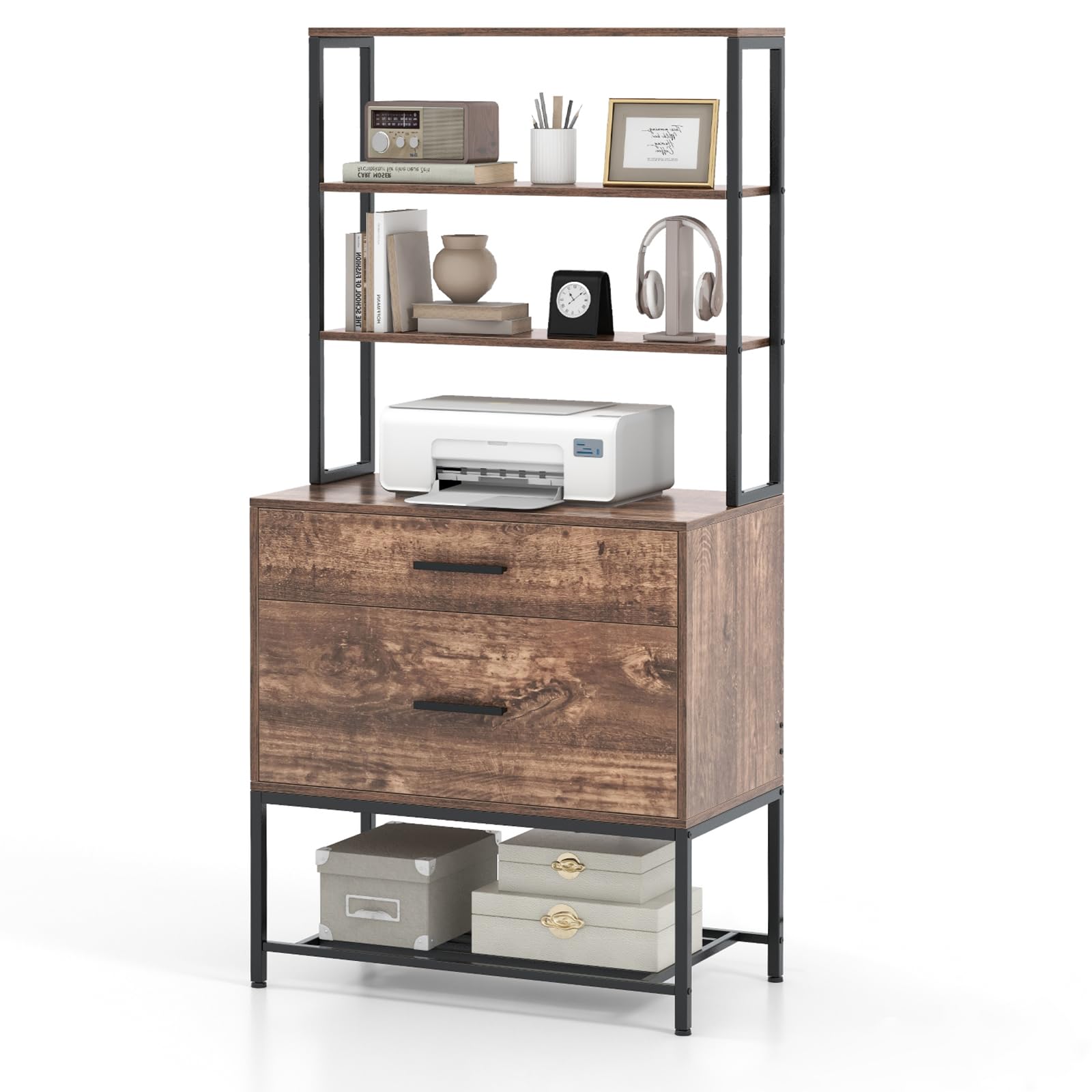 KOMFOTTEU Libreria Scaffale con 2 Cassetti, Mobile di Stoccaggio con Dispositivo Antiribaltamento, Armadietto per Soggiorno, Ufficio, Camero da Letto, 75 x 40 x 156 cm (Marrone)