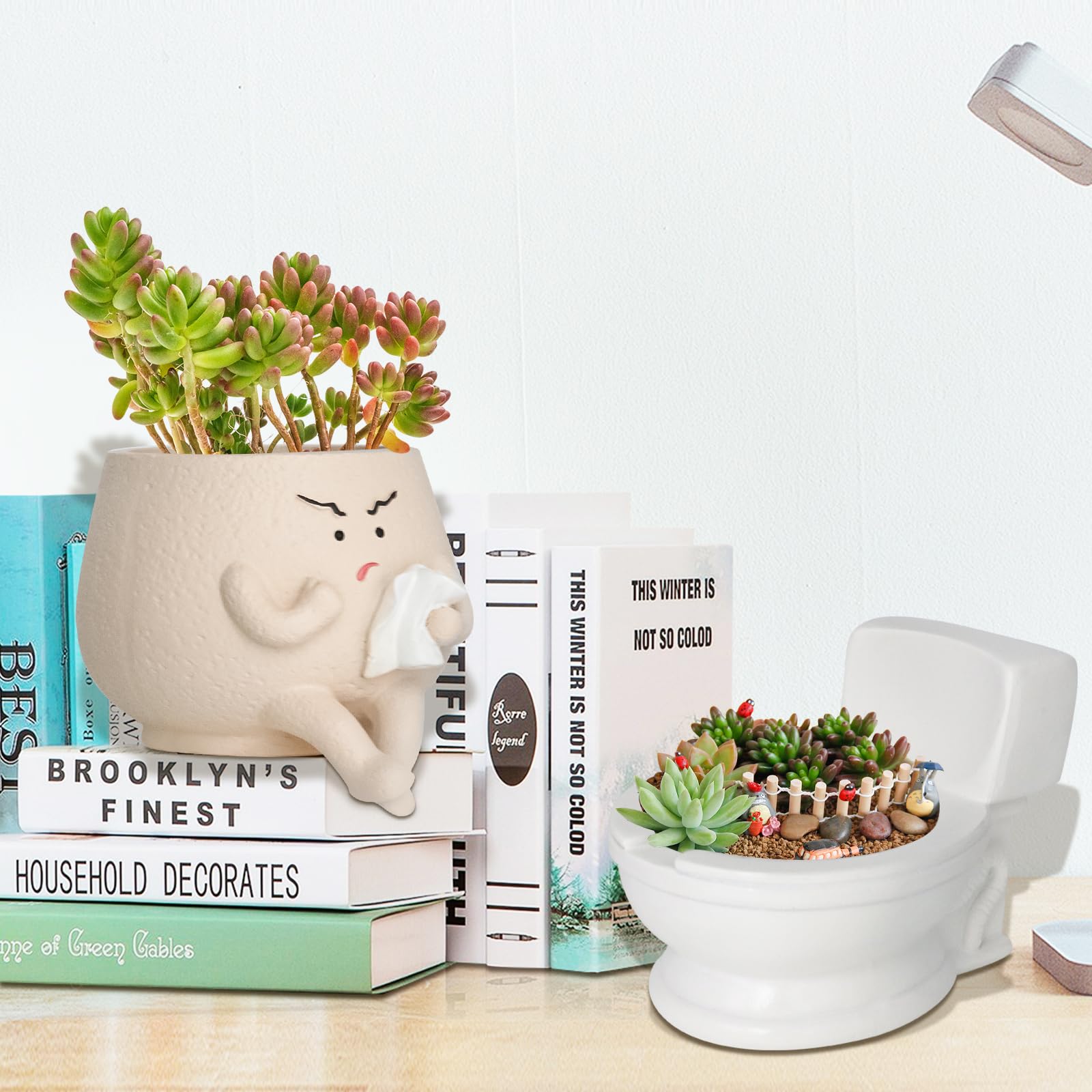 Macetas con el ceño fruncido para plantas de interior, bonitas macetas de resina con cabeza de flor, macetas para suculentas con agujero de drenaje, maceta única de cierre – Idea de regalo