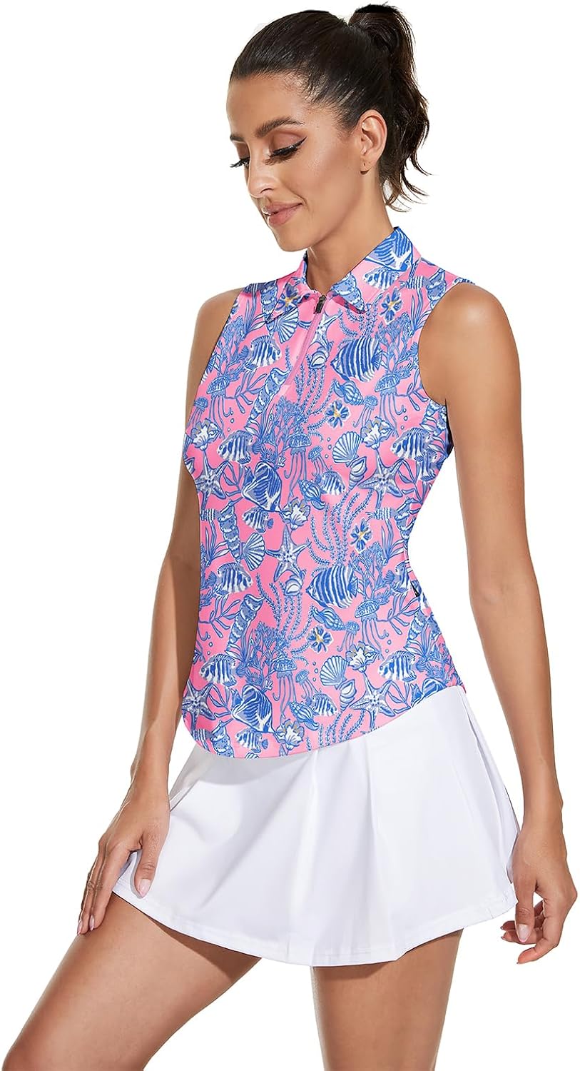 Soneven Womens Sleeveless Golf Shirt Moisture Wicking Athletic Golf Tank Top Printed Polo Tennis Shirts (XS-3XL)