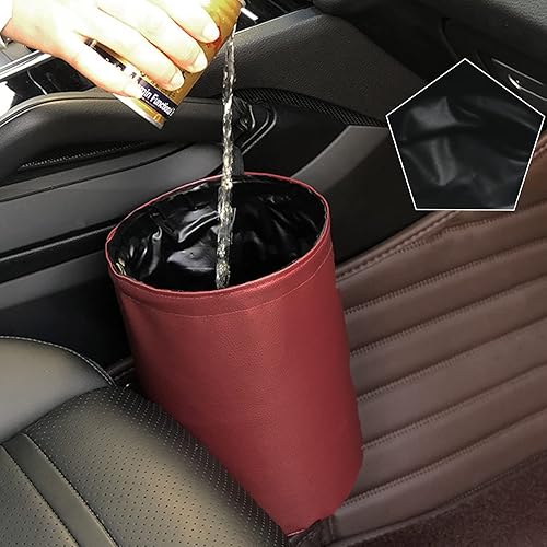 Miniatura 5 de FYY Basurero para automóvil, capacidad de 1.0 galones, material de piel sintética, color rojo vino, forro a prueba de fugas e impermeable, se puede