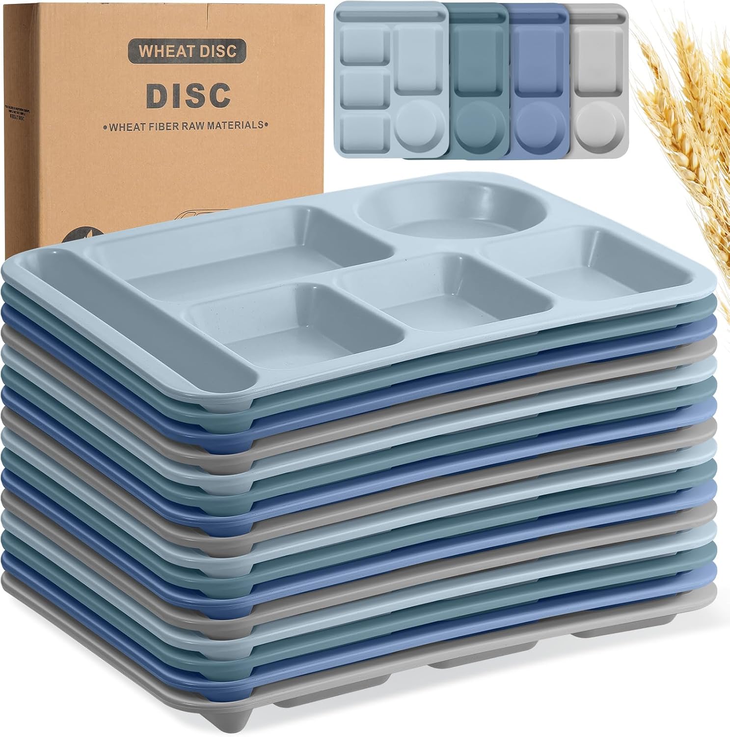 Uiifan 16 Pcs Large 14.2'' Wheat Divided Plates for Adults Unbreakable Lunch Trays with Compartments Plates Cafeteria Trays Microwave Dishwasher Safe(Dark Color)