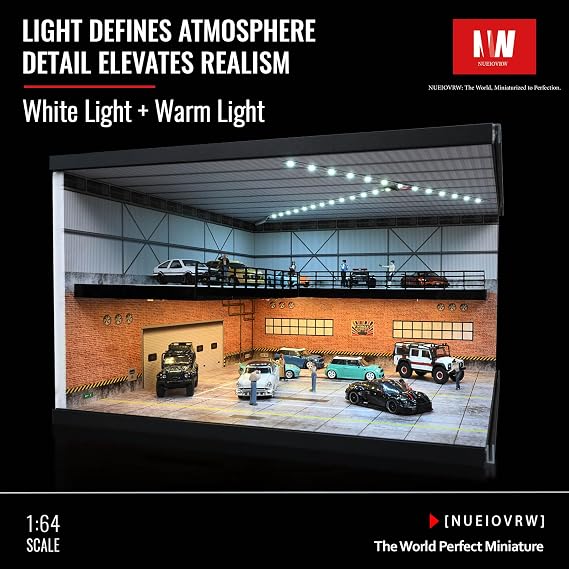 1/64 Diorama Showroom Garage Model, Tri-Color LED Parking Lot Scene Display, 2 Tier Diecast Model Cars Display Case, Dimmable Model Cars Storage, 1:64 Buildings, Display Box (C)